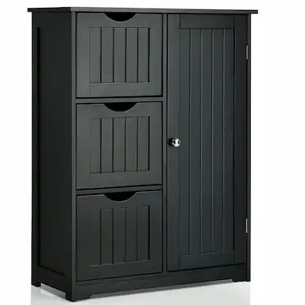 Front. Kadyn - Bathroom Floor Cabinet Side Storage Cabinet with 3 Drawers and 1 Cupboard-Black, Bathroom Cabinets for Entryway - Black.