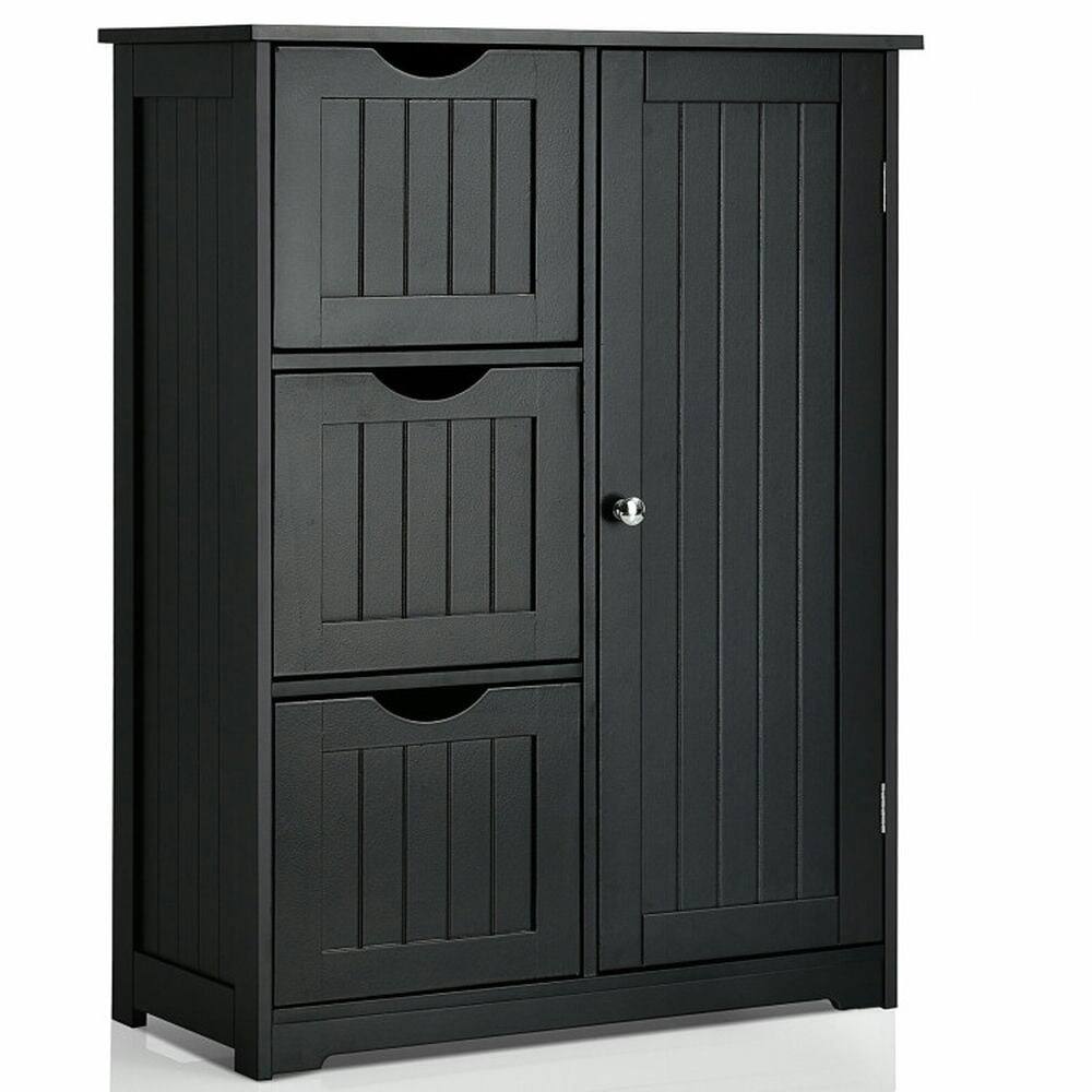 Front. Kadyn - Bathroom Floor Cabinet Side Storage Cabinet with 3 Drawers and 1 Cupboard-Black, Bathroom Cabinets for Entryway - Black.