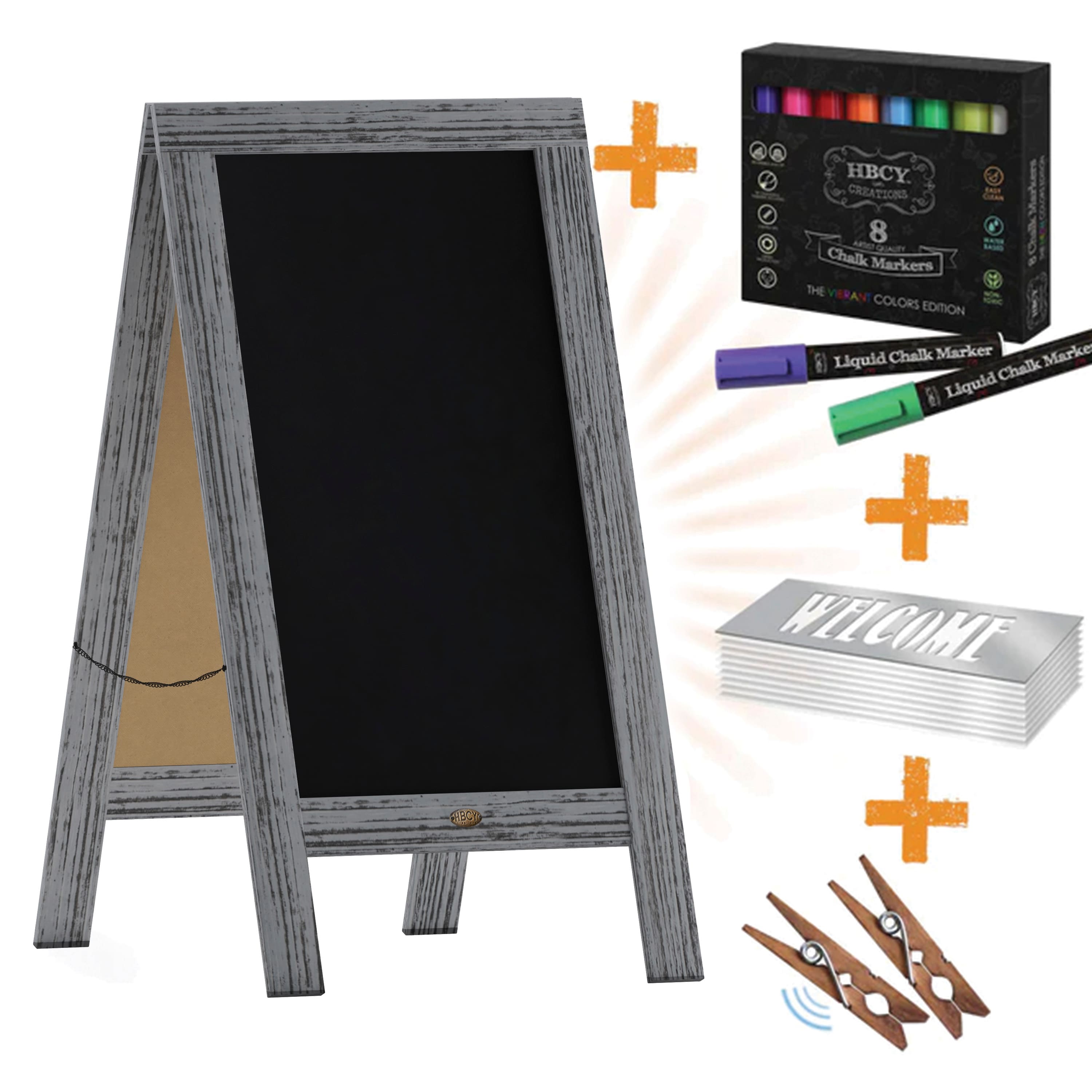 Emma + Oliver - Double-Sided Chalkboard Set with Chalk Markers, Stencils & Magnets - Gray Wash