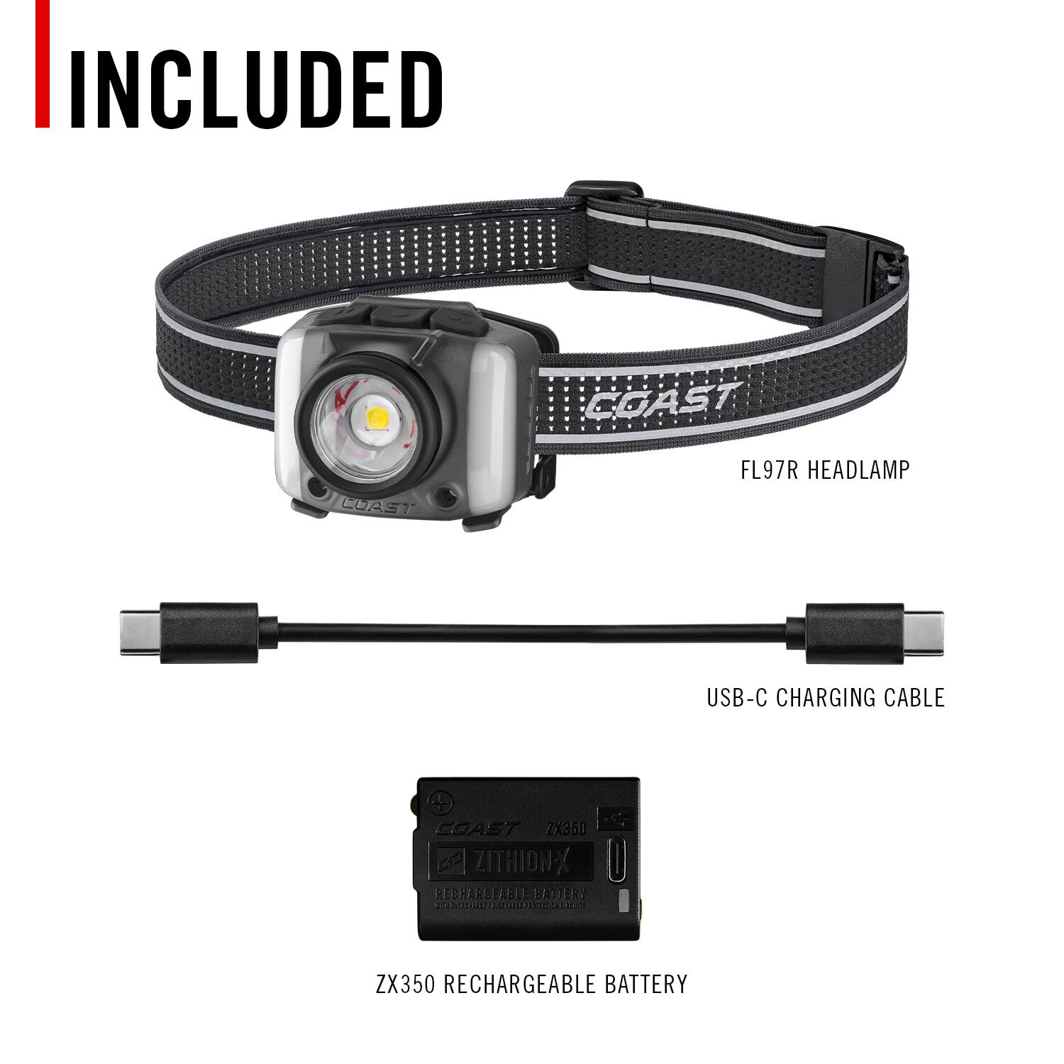 INCLUDED COAST FL97R HEADLAMP USB-C CHARGING CABLE COAST ZX350 RECHARGEABLE BATTERY