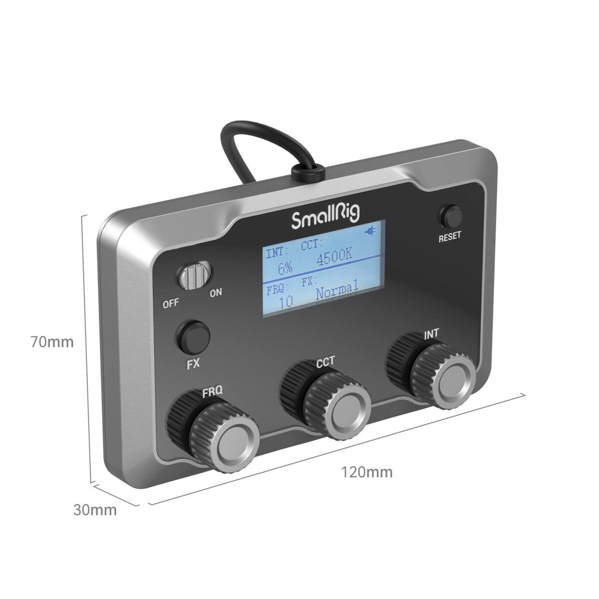 SmallRig  
CCT: 4500K  
INT: 6%  
FX: 1  
FRQ: Normal  
10  
RESET  
70mm  
FX FRQ CCT INT  
120mm  
30mm