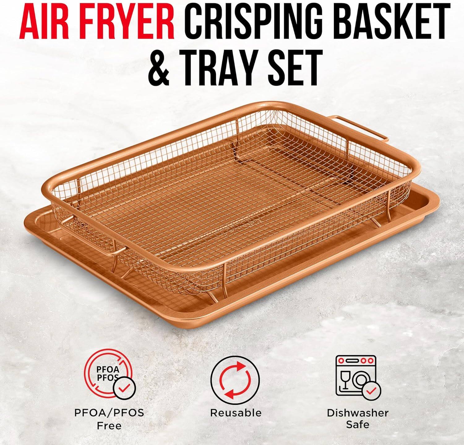 AIR FRYER CRISPING BASKET & TRAY SET, PFOA/PFOS Free, Reusable, Dishwasher Safe