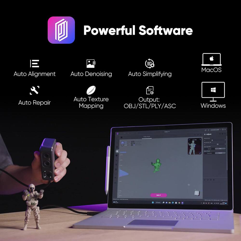 Powerful Software:

* Auto Alignment
* Auto Denoising
* Auto Simplifying
* MacOS
* Auto Repair
* Auto Texture
* Output: Mapping
* OBJ/STL/PLY/ASC
* Windows 8.1/10

The text on the image has been grouped and corrected to provide a clear description of the powerful software.