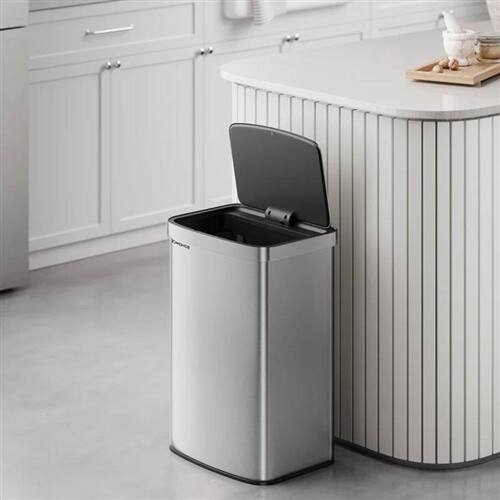 Angle. Hivvago - 13-Gallon Stainless Steel Kitchen Trash Can with Hand Wave Motion Sensor Lid - Silver.