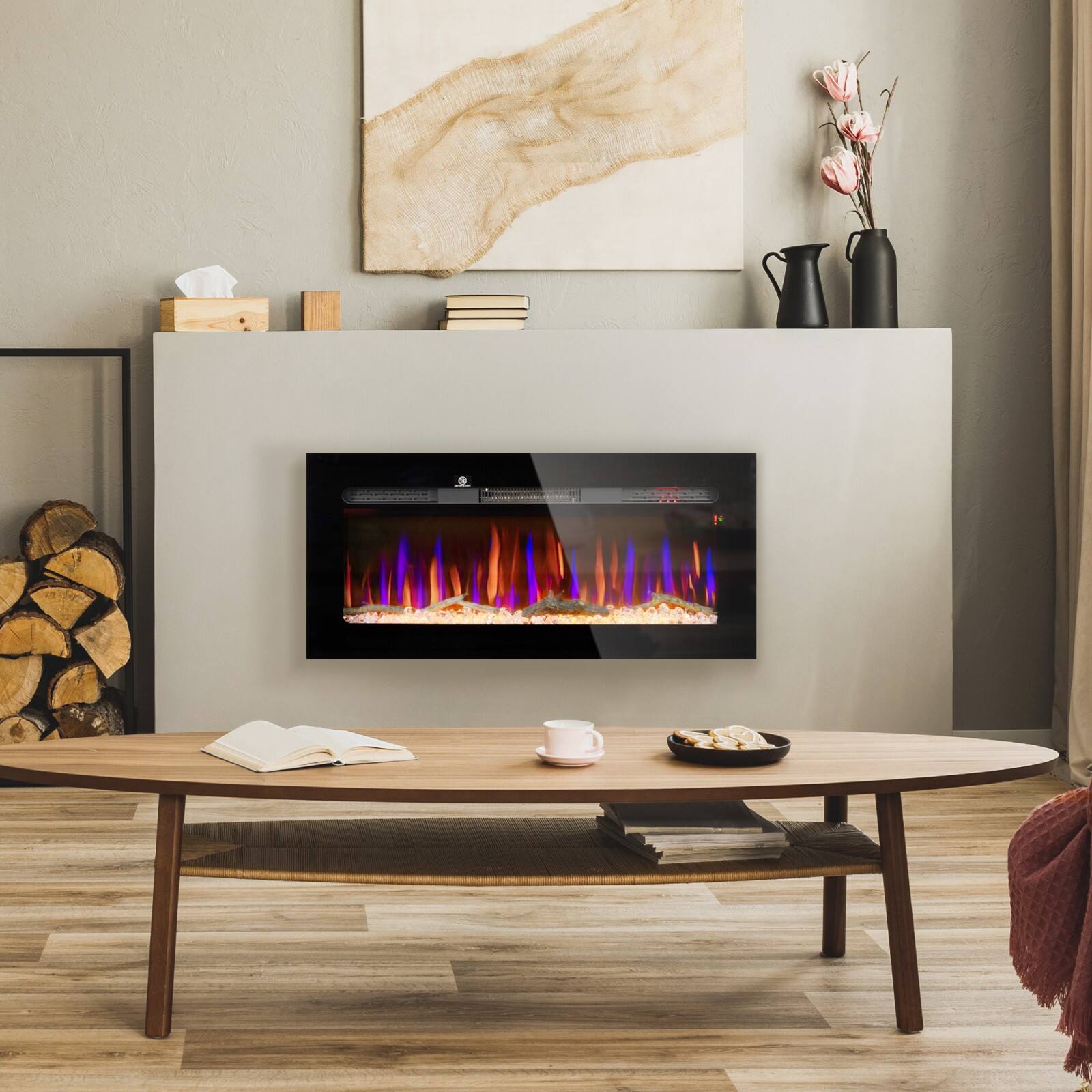 Alt View 8. Ecooso - 40" Electric Fireplace Recessed, 1500W Fireplace Heater，8H Timer, Adjustable Flame Color and Brightness, Log and Crystal - Black.