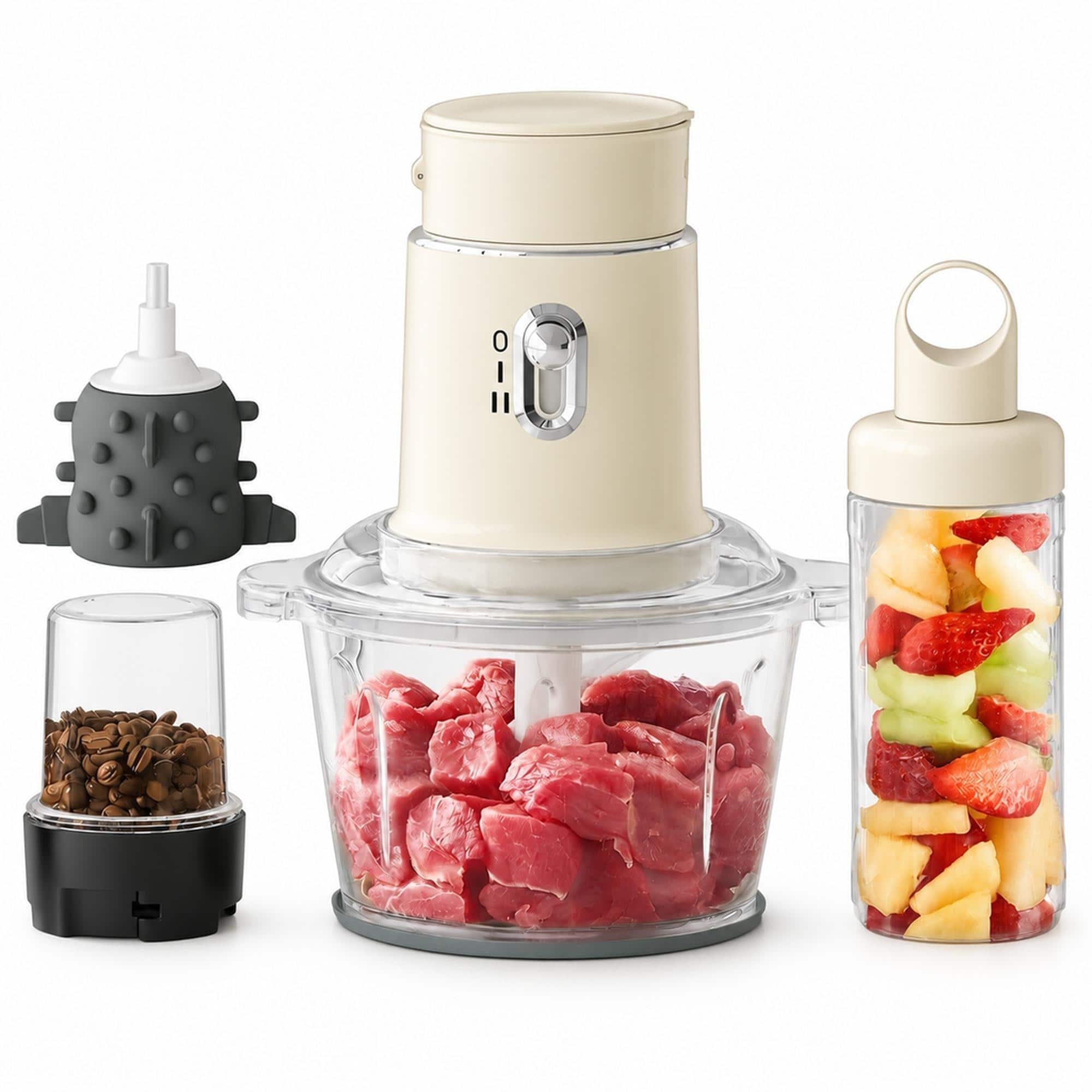 RYHNUYNE - 4-in-1 Electric Food Chopper & Mini Food Processor with 1.5L Glass Bowl, 2 Cups & Juicer - Beige