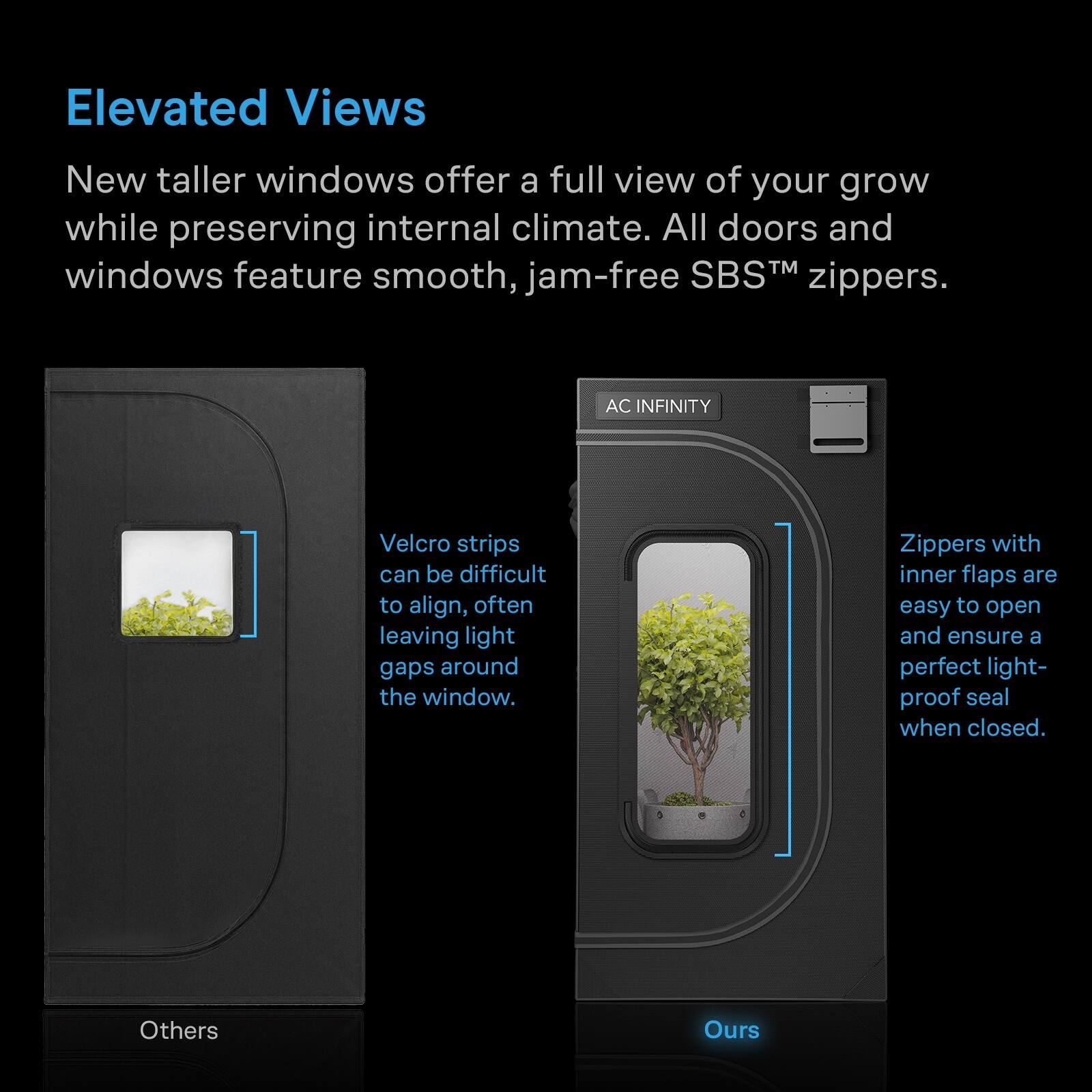 Elevated Views

New taller windows offer a full view of your grow while preserving internal climate. All doors and windows feature smooth, jam-free SBS™ zippers.

AC INFINITY

Velcro strips can be difficult to align, often leaving light gaps around the window.

Zippers with inner flaps are easy to open and ensure a perfect light-proof seal when closed.

Others

Ours