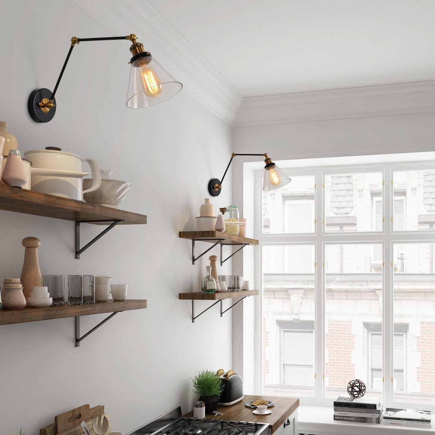 Alt View 1. PO3TICJUNKI3 - Glass Wall Sconces Lighting Modern Industrial Swing Arm Plug In Or HardwiAdjustable Lamp With Antique Brass - Black & Brass.