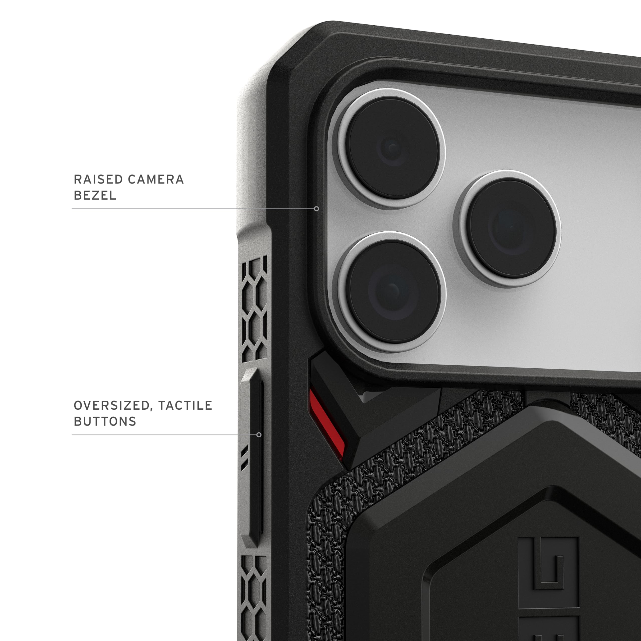 RAISED CAMERA BEZEL, OVERSIZED, TACTILE BUTTONS