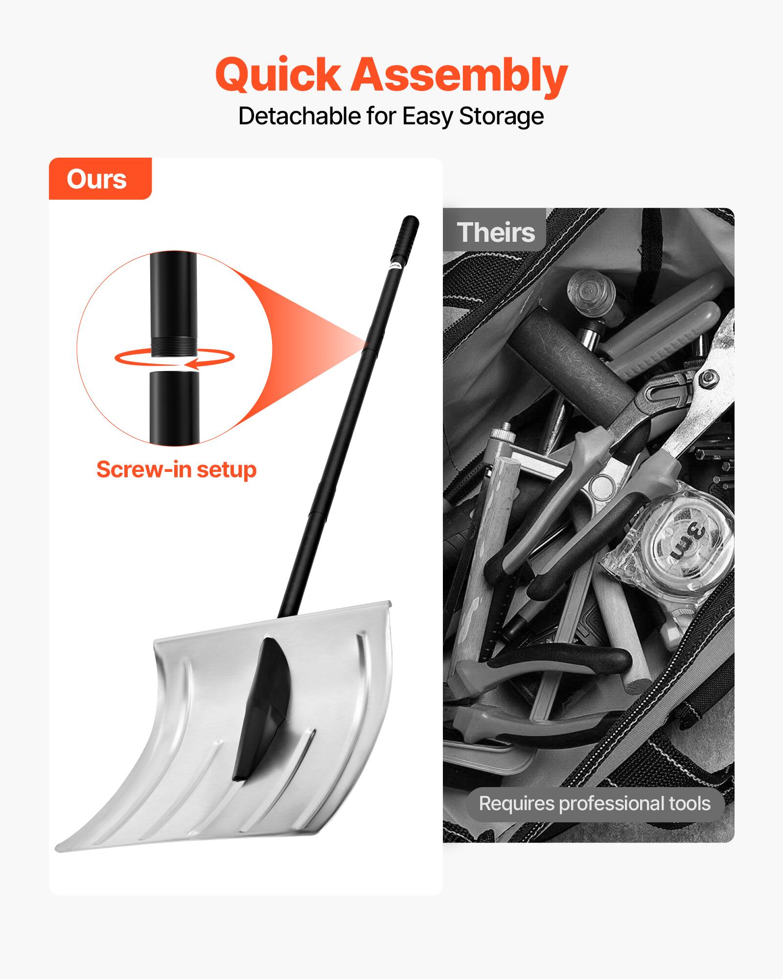 Quick Assembly  
Detachable for Easy Storage  

Ours  
Screw-in setup  

Theirs  
Requires professional tools