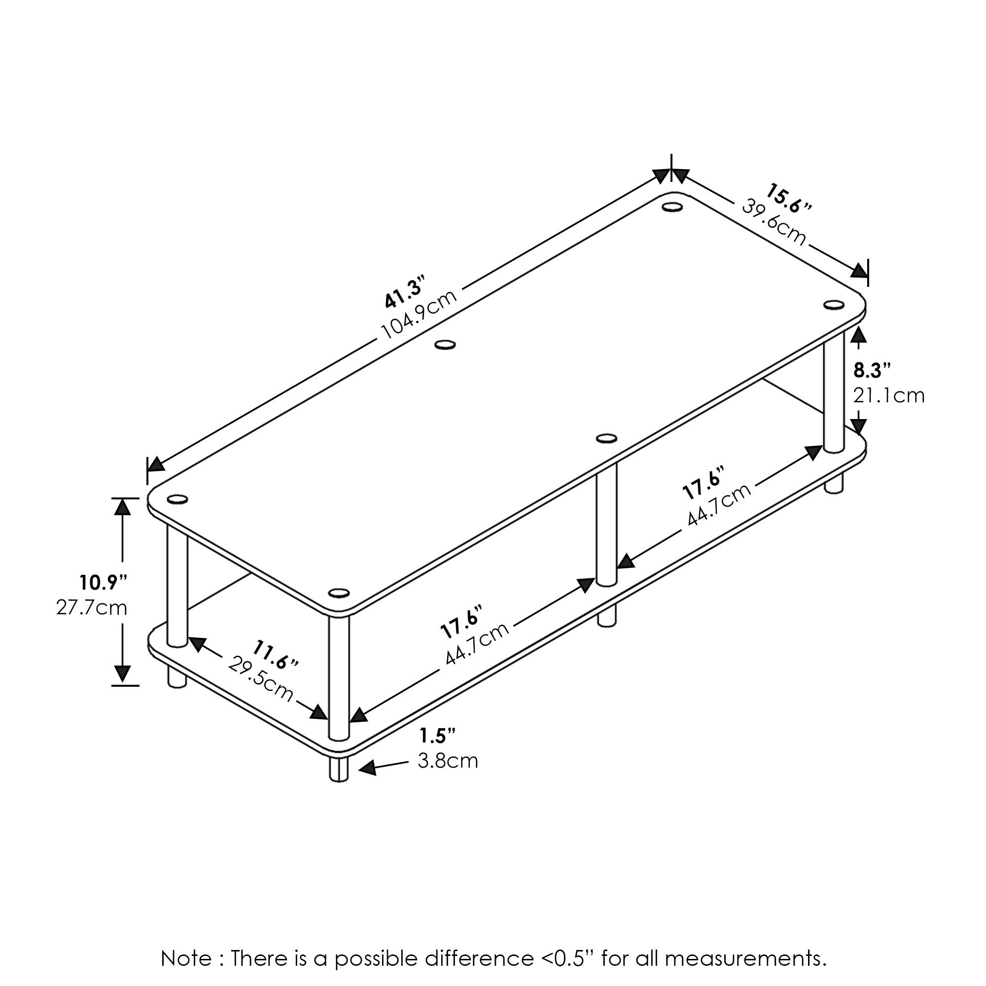 41.3" 104.9cm  
15.6" 39.6cm  
8.3" 21.1cm  
17.6" 44.7cm  
10.9" 27.7cm  
11.6" 29.5cm  
17.6" 44.7cm  
1.5" 3.8cm  

Note: There is a possible difference <0.5" for all measurements.