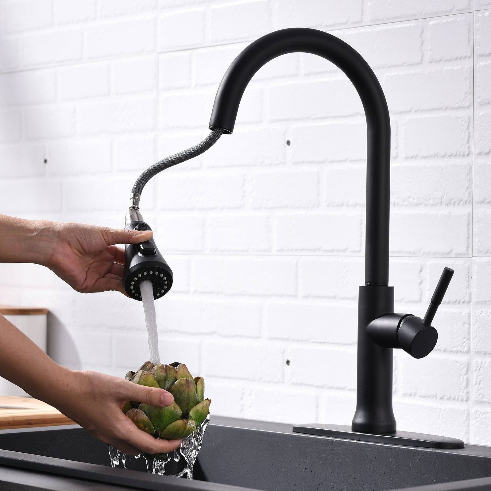 Alt View 7. Boyel Living - Matte Black Single Handle Sensor Activation Pull Out Sprayer Kitchen Faucet with Deck Plate Included - Matte Black.