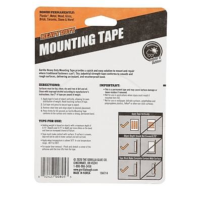 **BONDS PERMANENTLY**  
Plastic, Metal, Wood, Glass, Brick, Ceramic, Stone & More  

**HEAVY DUTY MOUNTING TAPE**  

Carita Heavy Duty Mounting Tape provides a quick and easy solution to mount and repair where traditional fasteners tape to rough surfaces and difficult-to-bond materials.  

**DIRECTIONS:**  
1. Clean with alcohol or acetone according to manufacturer's instructions.  
2. Cut tape to desired length.  
3. Peel backing off tape.  
4. Press firmly to surface.  

**IMPORTANT:**  
This tape is not intended for use on polypropylene plastics, "other" plastics, or other soft, flexible surfaces.  

**TIPS FOR USE:**  
- For best results, use on clean, dry surfaces.  
- For best adhesion, allow tape to sit for 24 hours before applying weight.  
- For heavy loads, use multiple strips.  

**© 2020 THE CORILLA GLUE CO**  
CINCINNATI, OH 45241  

**MADE IN KOREA**  

**1-800-665-0308**  
