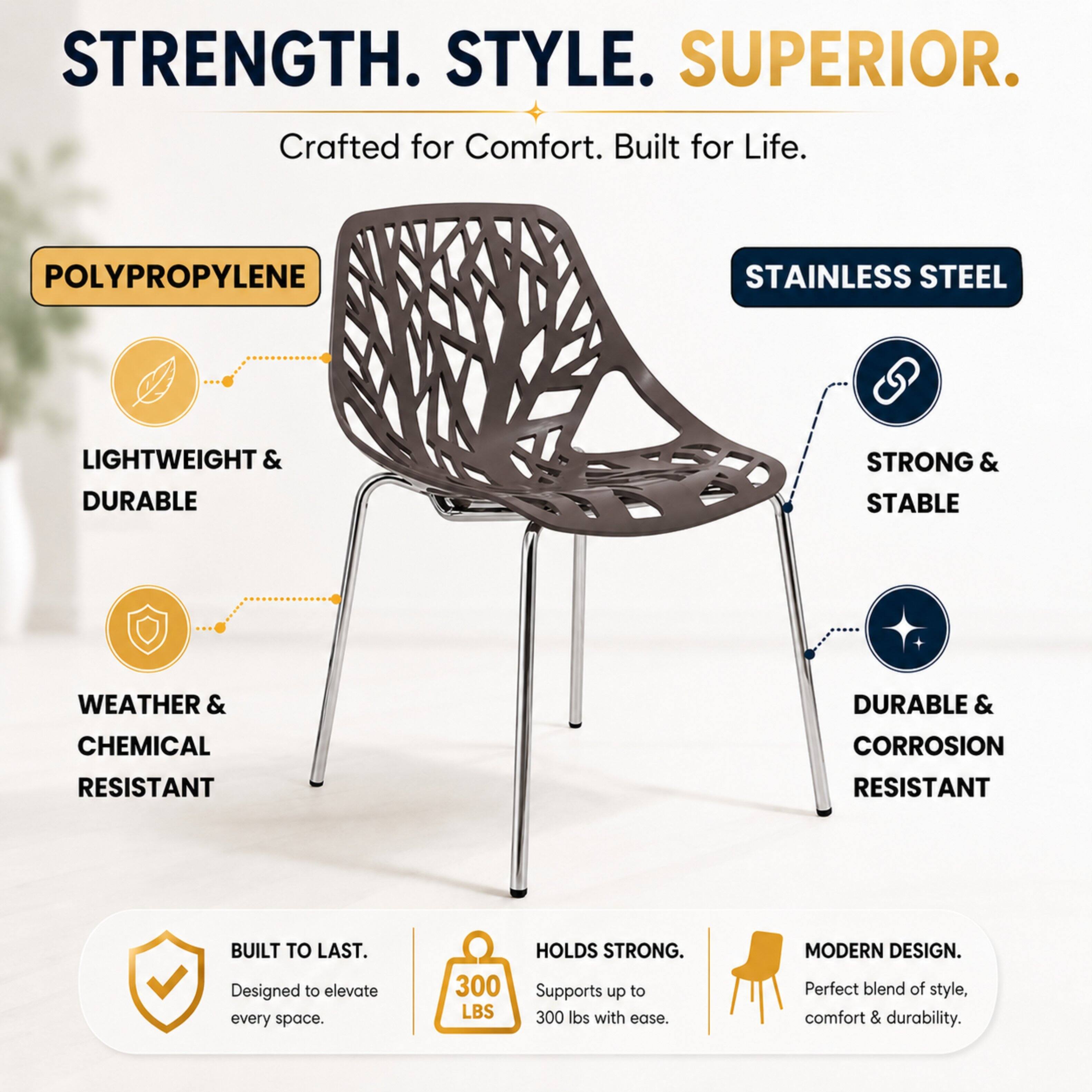STRENGTH. STYLE. SUPERIOR.  
Crafted for Comfort. Built for Life.  

POLYPROPYLENE  
LIGHTWEIGHT & DURABLE  
WEATHER & CHEMICAL RESISTANT  

STAINLESS STEEL  
STRONG & STABLE  
DURABLE & CORROSION RESISTANT  

BUILT TO LAST.  
Designed to elevate every space.  

300 LBS HOLDS STRONG.  
Supports up to 300 lbs with ease.  

MODERN DESIGN.  
Perfect blend of style, comfort & durability.
