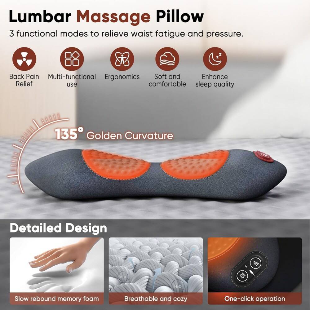 Lumbar Massage Pillow

3 functional modes to relieve waist fatigue and pressure.

- Back Pain Relief
- Multi-functional use
- Ergonomics
- Soft and comfortable
- Enhance sleep quality

135° Golden Curvature

Detailed Design

- Slow rebound memory foam
- Breathable and cozy
- One-click operation
