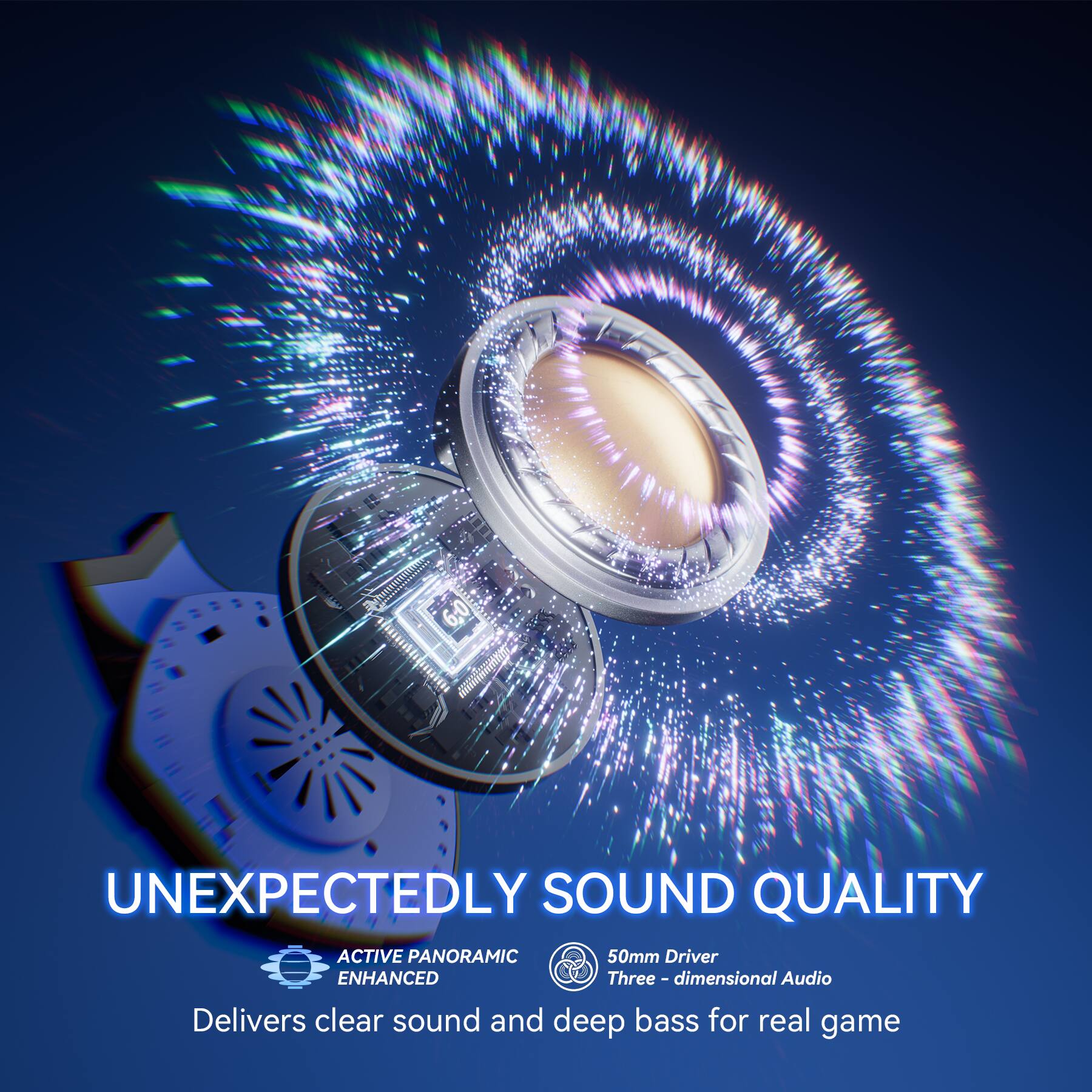 UNEXPECTEDLY SOUND QUALITY  
ACTIVE PANORAMIC  
50mm Driver  
ENHANCED  
Three-dimensional Audio  
Delivers clear sound and deep bass for real game