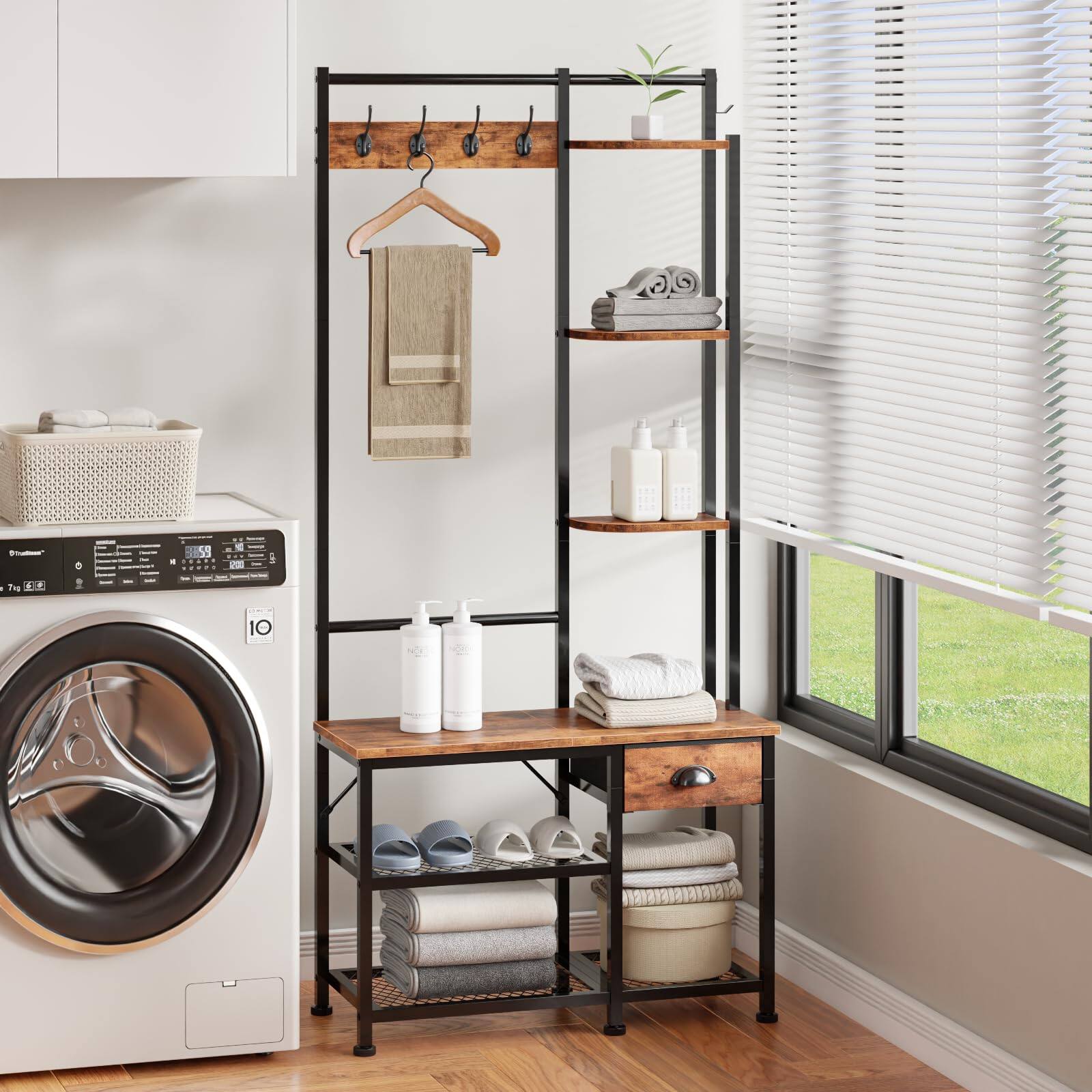 Alt View 8. Hirose Alice - Furologee Coat Rack Hall Tree with Bench and - Rustic Brown 7-Tier.