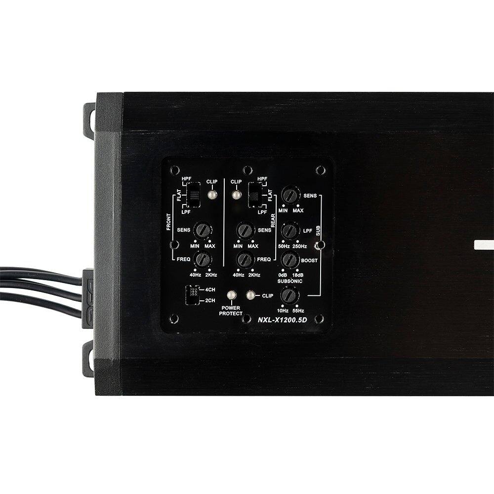 FRONT
HPF CLIP LPF SENS MIN MAX
HPF CLIP FLAT SENS LPF MIN MAX SENS REAR LPF SUB MIN MAX 50Hz 250Hz
FREQ
FREQ
BOOST
40Hz 2KHz 40Hz 2KHz 0dB 18dB SUBSONIC 4CH CLIP 2CH POWER 10Hz 55Hz PROTECT NXL-X1200.5D