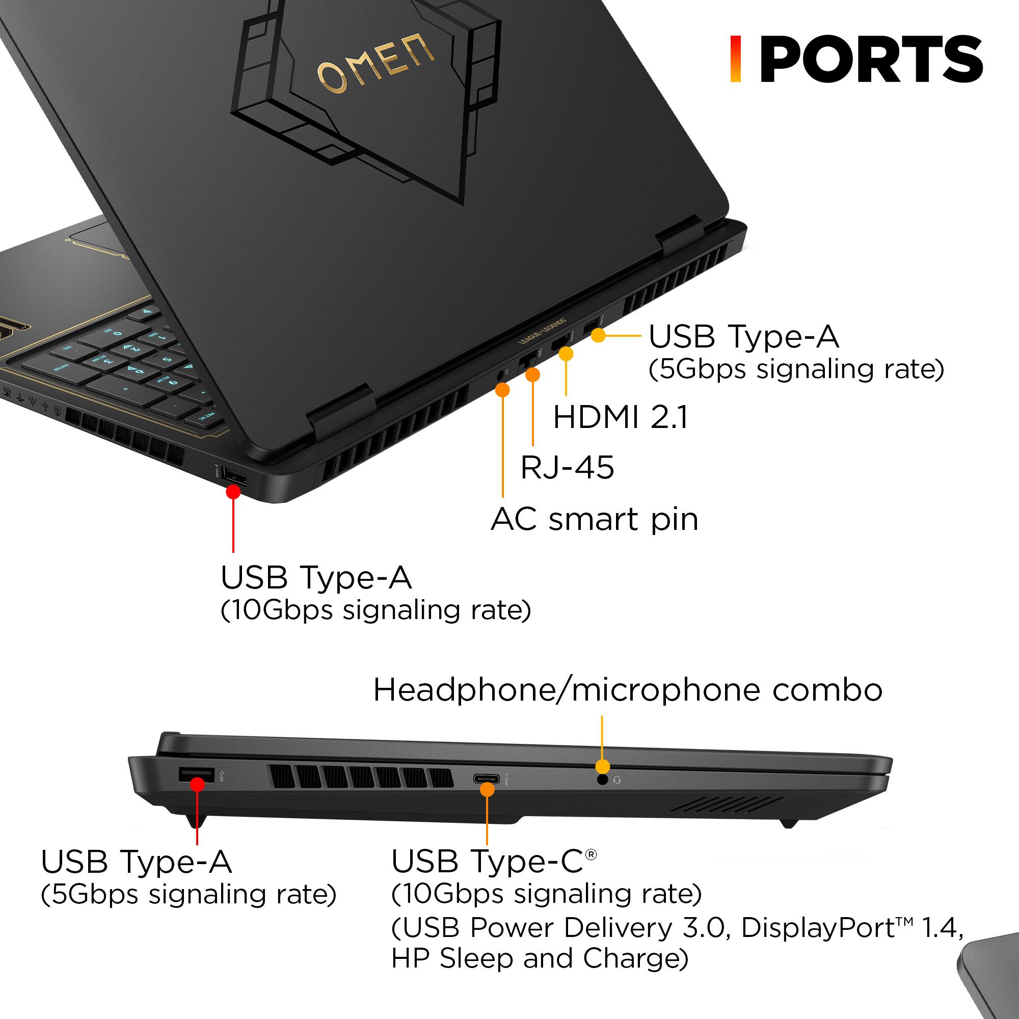 - USB Type-A (5Gbps signaling rate)
- HDMI 2.1
- RJ-45
- AC smart pin
- USB Type-A (10Gbps signaling rate)
- Headphone/microphone combo
- USB Type-A (5Gbps signaling rate)
- USB Type-C (10Gbps signaling rate) (USB Power Delivery 3.0, DisplayPort 1.4, HP Sleep and Charge)
