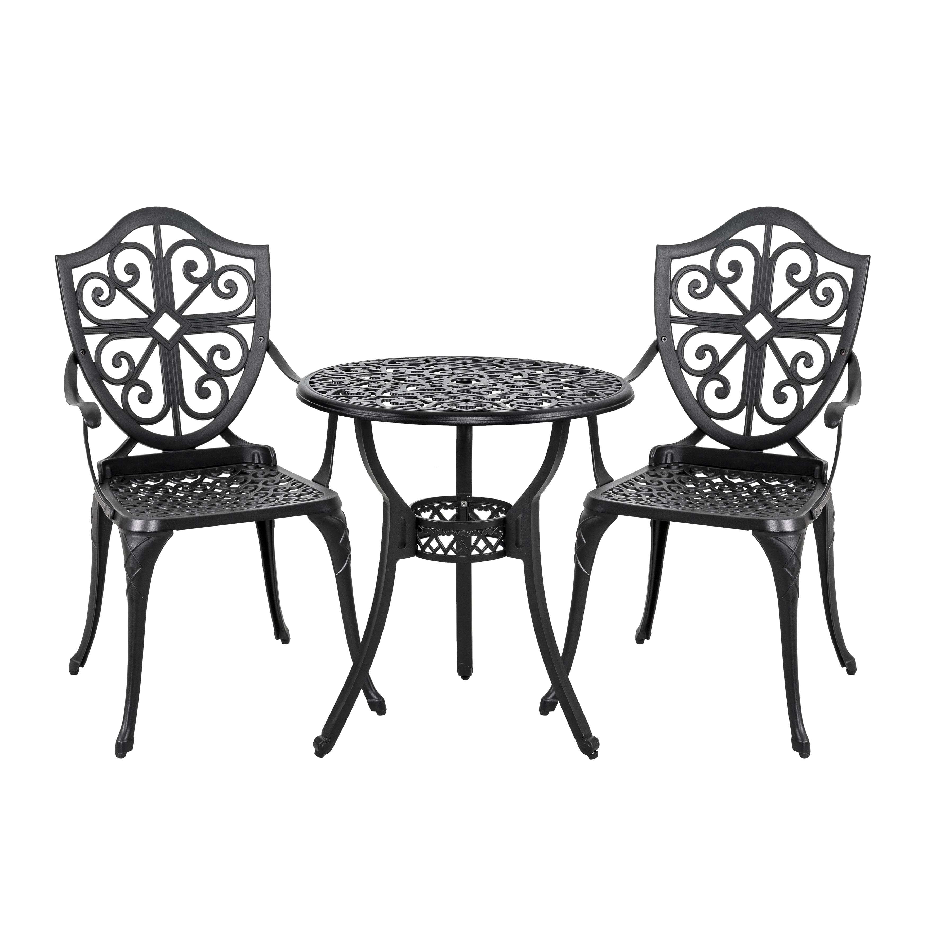 Nuu Garden - 24 Inch Cast Aluminum Bistro Table with Umbrella Hole and 2 Bistro Chairs - Black