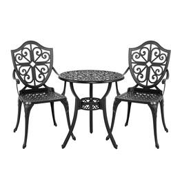 Nuu Garden - 24 Inch Cast Aluminum Bistro Table with Umbrella Hole and 2 Bistro Chairs - Black