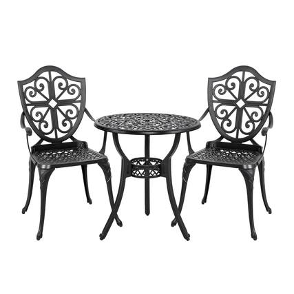 Front. Nuu Garden - 24 Inch Cast Aluminum Bistro Table with Umbrella Hole and 2 Bistro Chairs - Black.