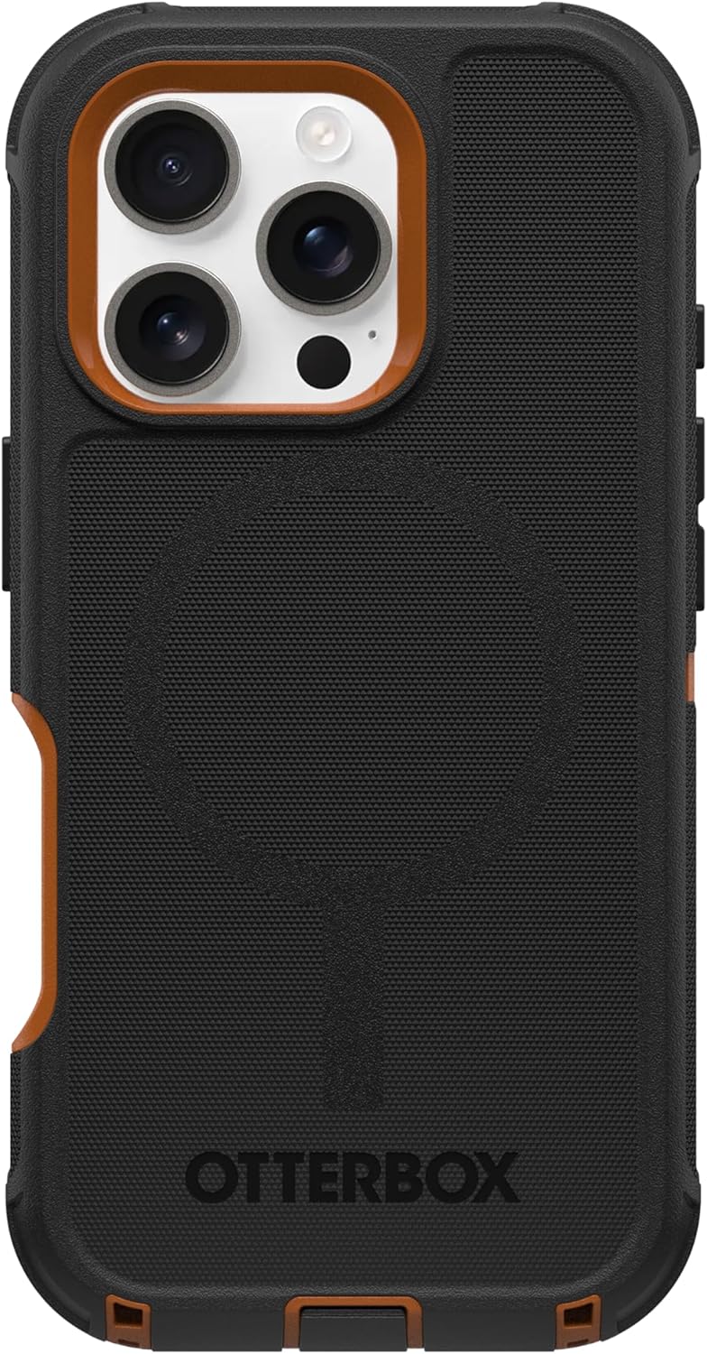 Left. OtterBox - OtterBox - Defender Series Pro Hard Shell for MagSafe for Apple iPhone 16 Pro - Iron Eclipse (Black & Orange).