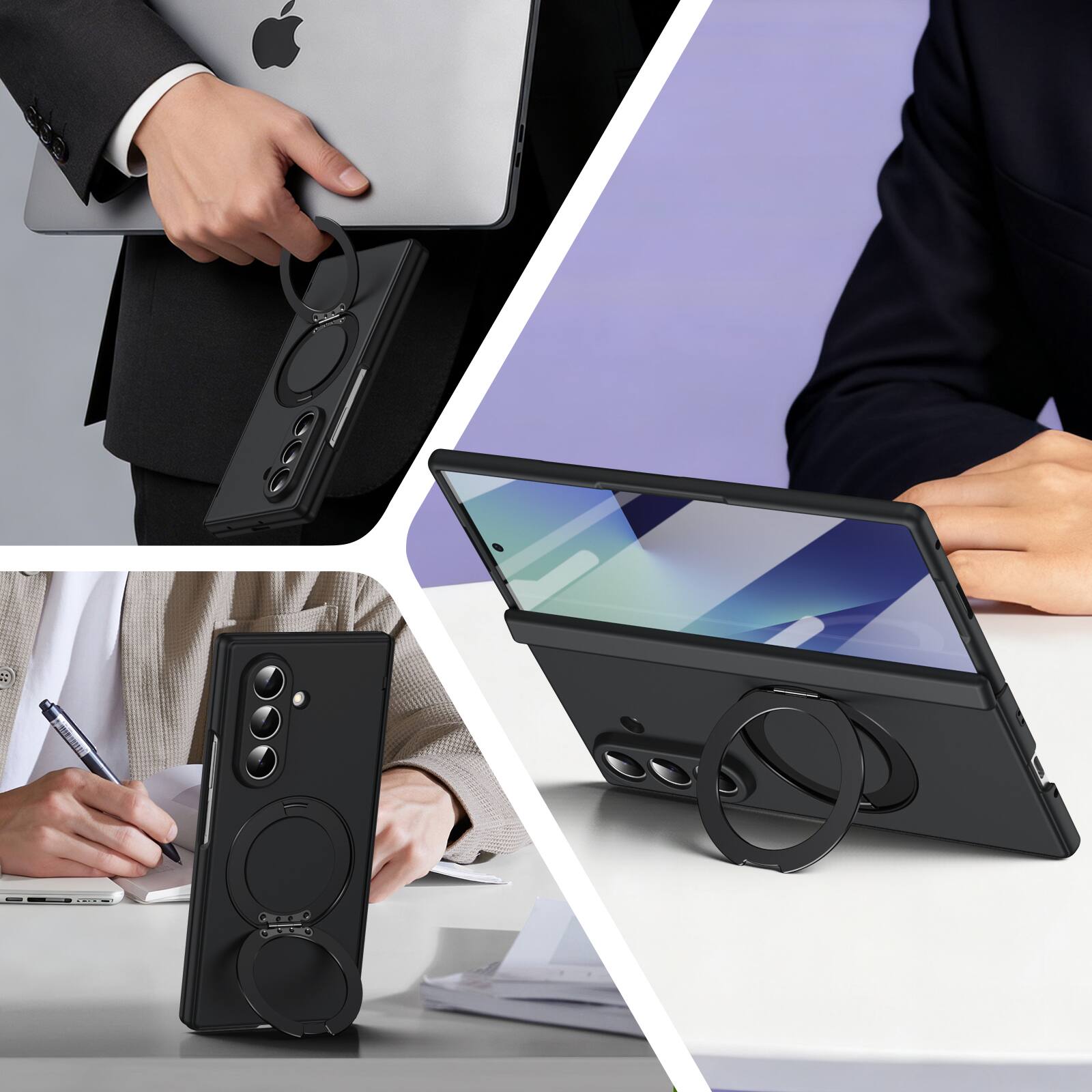 Angle. Dteck - For Samsung Galaxy Z Fold 7 Rugged Case With Screen Protector, Shockproof Magnetic Ring Stand Hinge Protection Cover - Black.