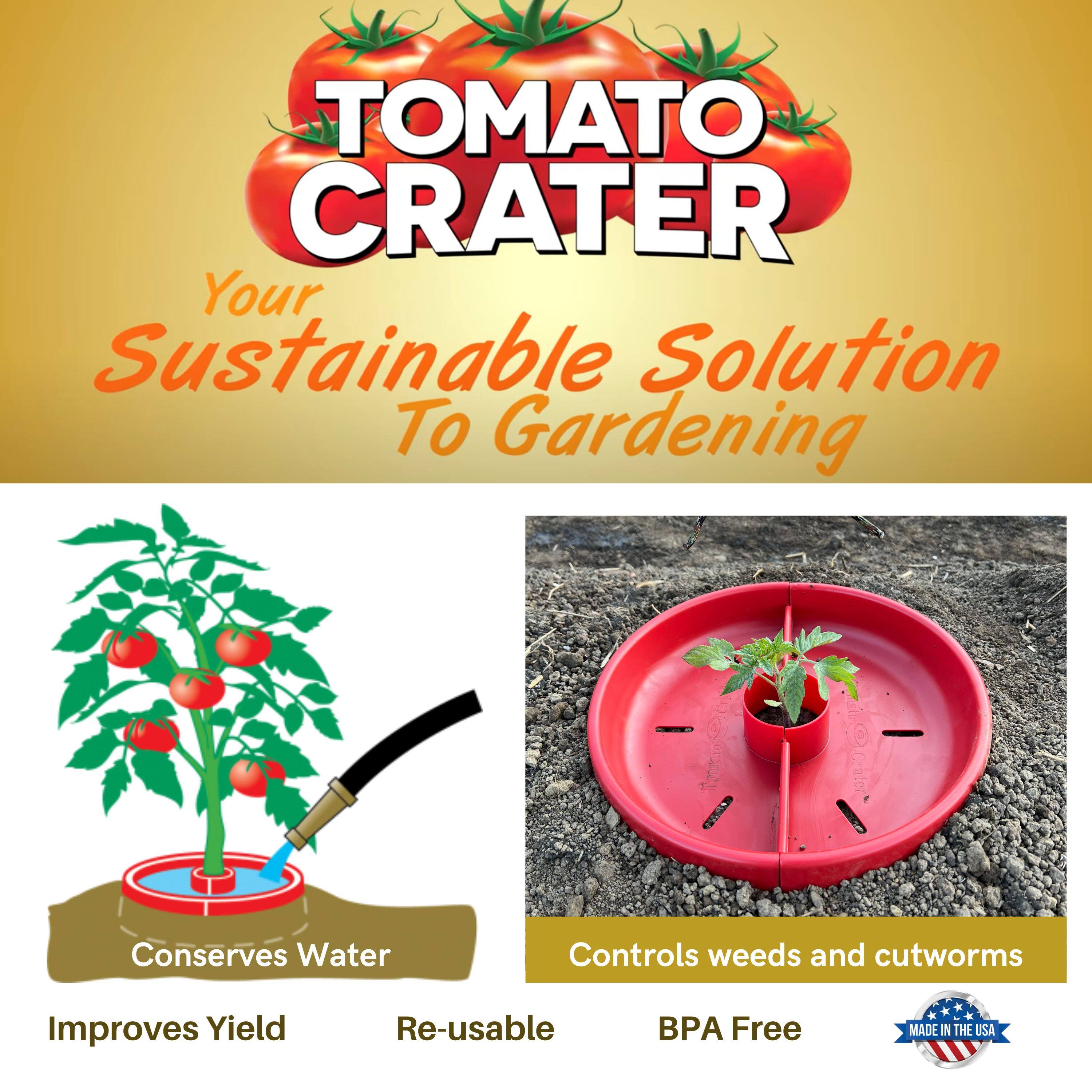 TOMATO CRATER  
Your Sustainable Solution To Gardening  

- Conserves Water  
- Controls weeds and cutworms  
- Improves Yield  
- Re-usable  
- BPA Free  
- MADE IN THE USA