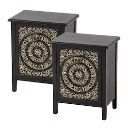 COZAYH - Farmhouse 2 Drawer Bedroom Nightstand w/ Embossed Flower Motif, Set of 2 - 2-Drawer Black