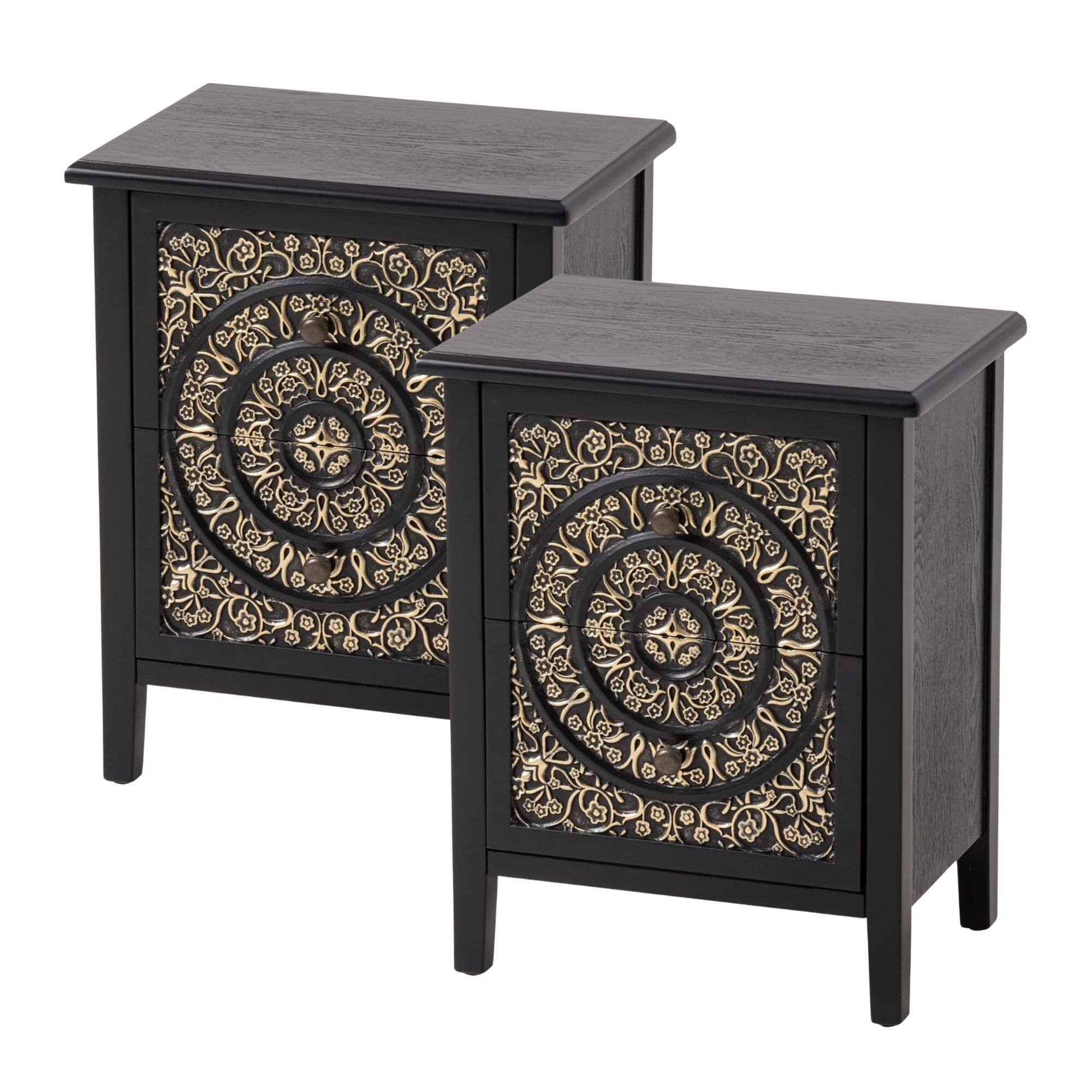 Front. COZAYH - COZAYH Farmhouse 2 Drawer Bedroom Nightstand w/ Embossed Flower Motif, Set of 2 - 2-Drawer Black.