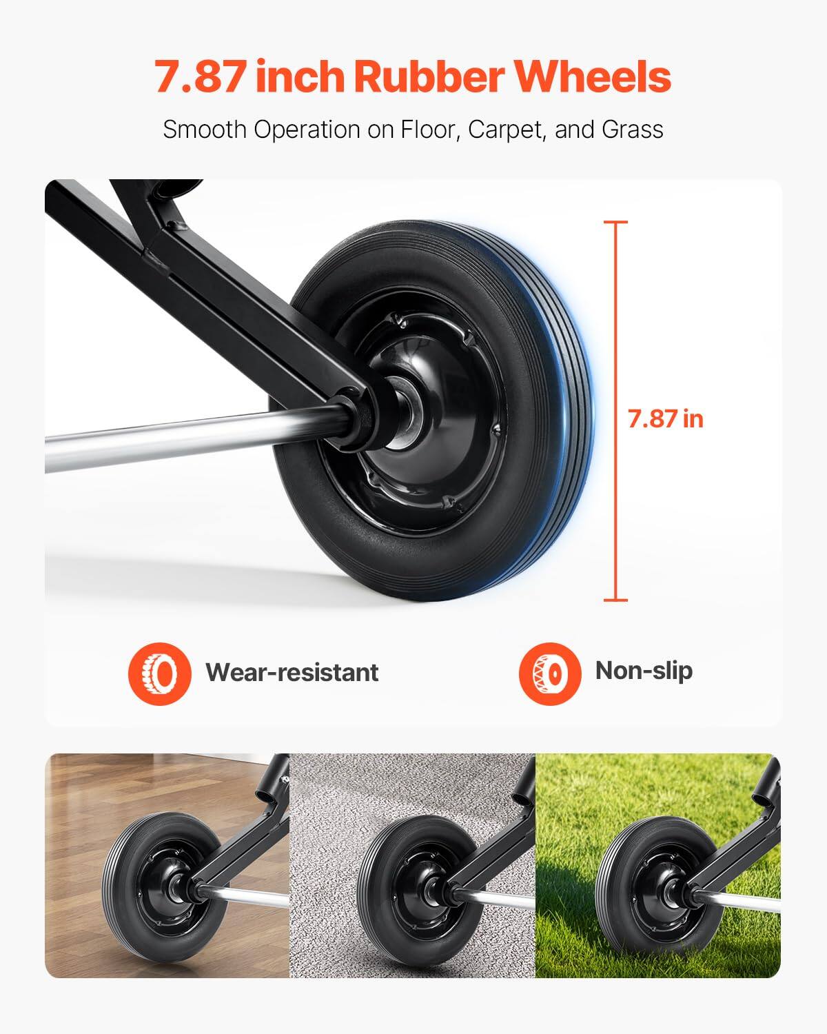 7.87 inch Rubber Wheels  
Smooth Operation on Floor, Carpet, and Grass  

7.87 in  

Wear-resistant  
Non-slip