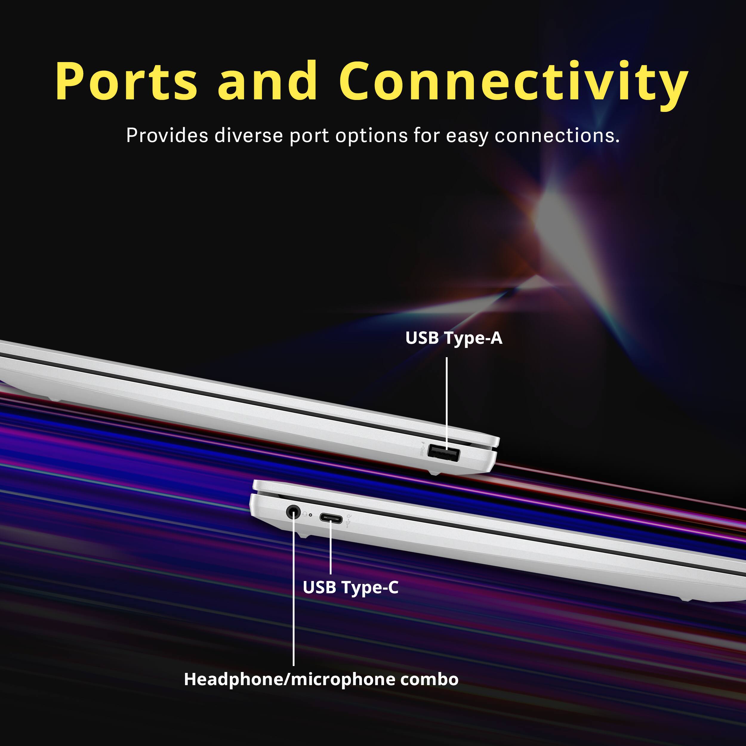 Ports and Connectivity  
Provides diverse port options for easy connections.  

- USB Type-A  
- USB Type-C  
- Headphone/microphone combo