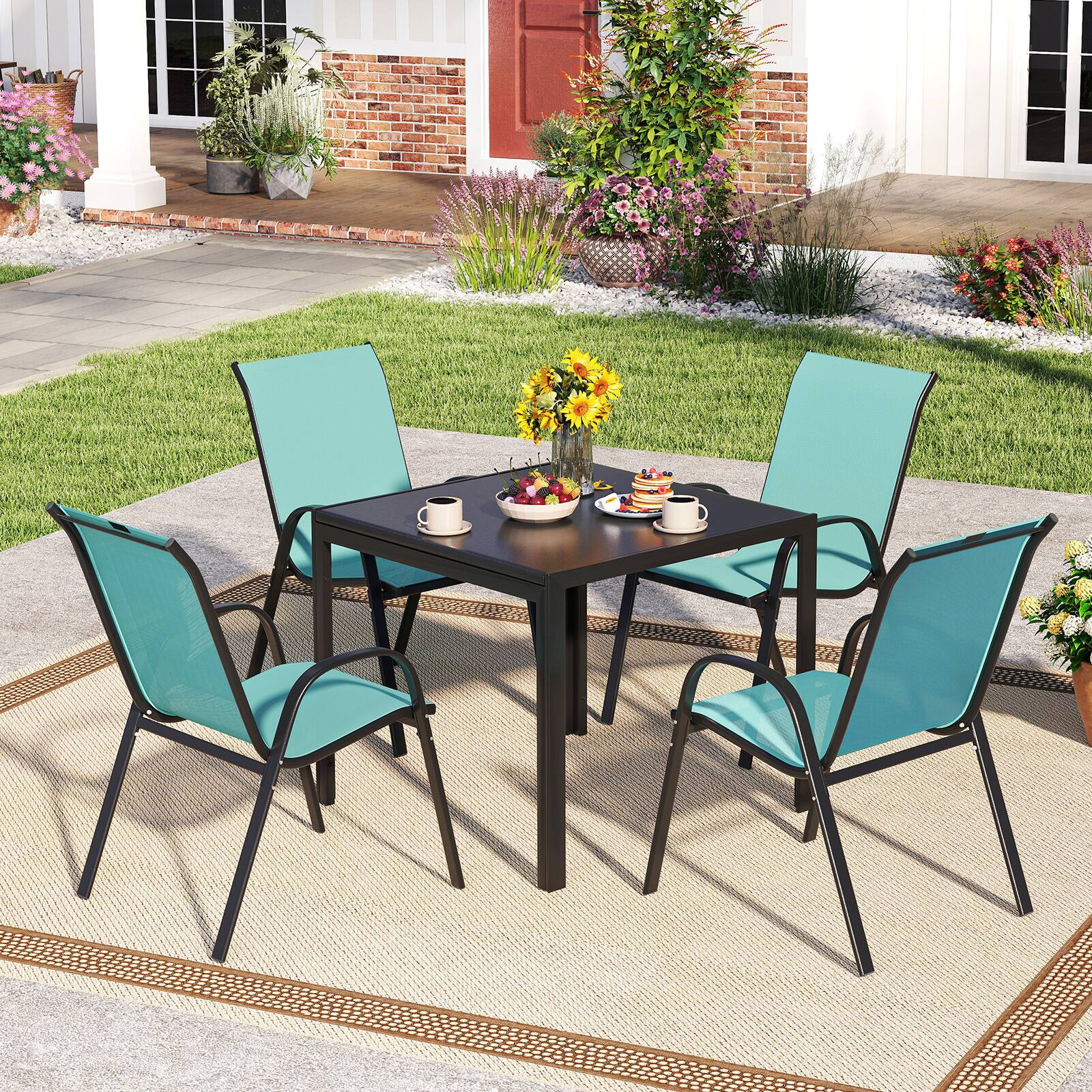 Alt View 4. Gymax - Gymax Set of 4 Patio Dining Chairs Stackable Armrest Space Saving Garden Blue - Lake Blue.
