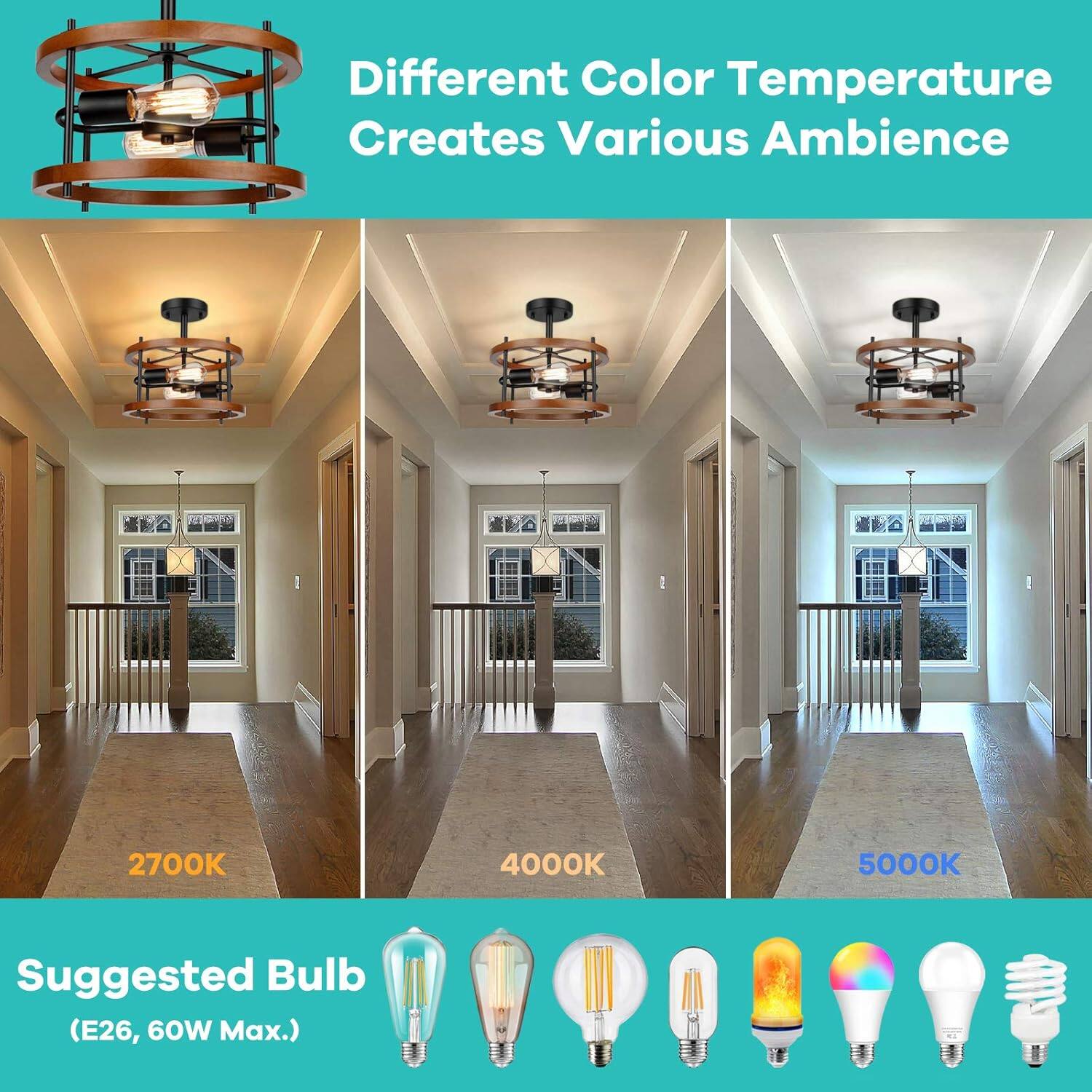 Different Color Temperature Creates Various Ambience

2700K 4000K 5000K

Suggested Bulb (E26, 60W Max.)