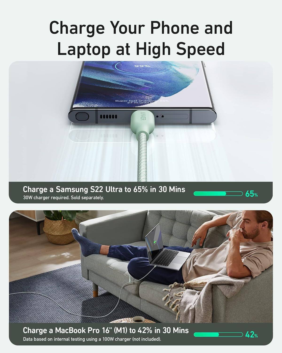 Charge Your Phone and Laptop at High Speed

Charge a Samsung S22 Ultra to 65% in 30 Mins  
30W charger required. Sold separately.

Charge a MacBook Pro 16" (M1) to 42% in 30 Mins  
Data based on internal testing using a 100W charger (not included).