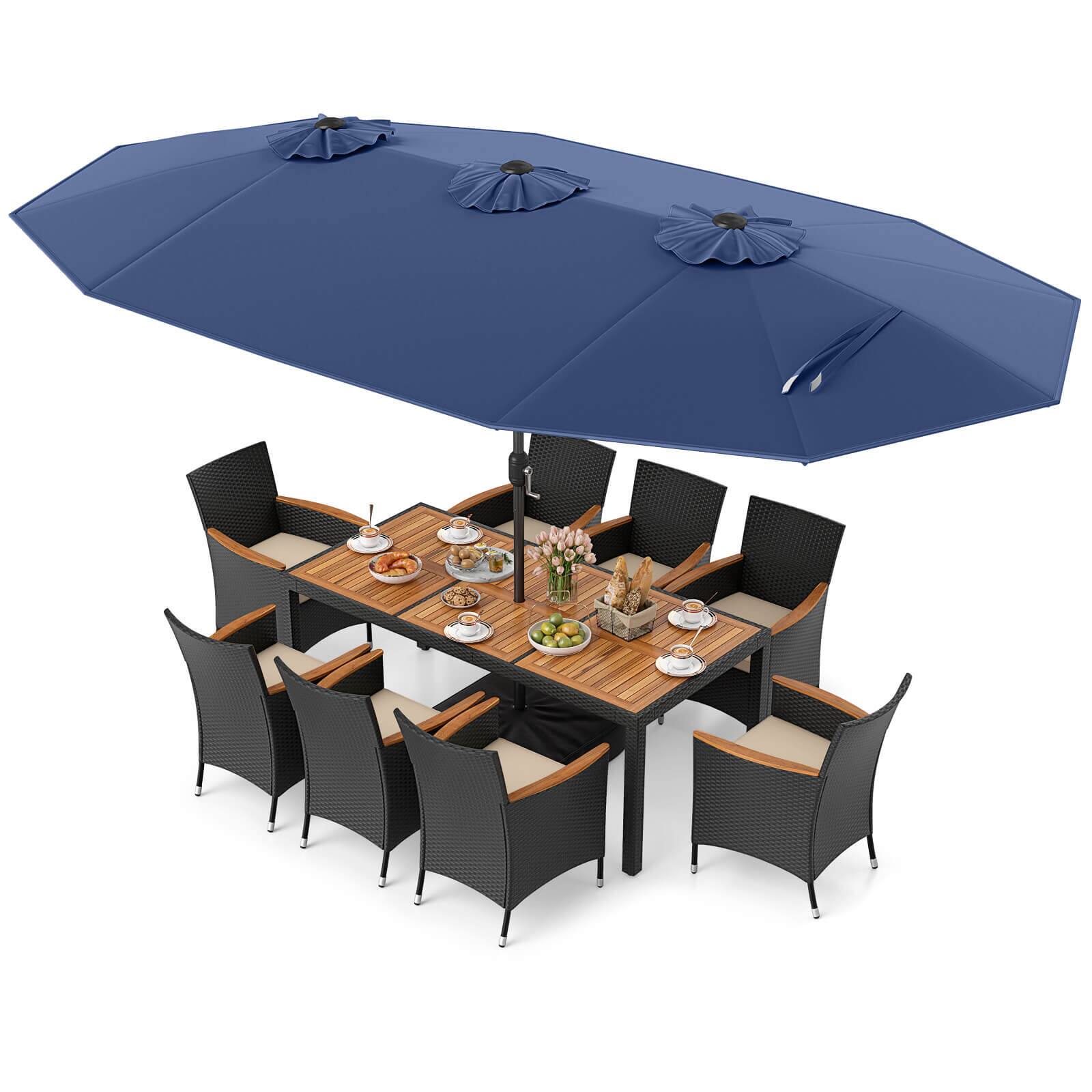 Front. Costway - Costway 11 PCS Patio Wicker Dining Set with Double-Sided Outdoor Umbrella 8 Stackable Chairs - Navy,White.