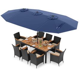 Costway - 11 PCS Patio Wicker Dining Set with Double-Sided Outdoor Umbrella 8 Stackable Chairs - Navy,White