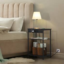 Oumilen - Set of 2 3-Tier Nightstands with Charging Station, Industrial End Tables - Black