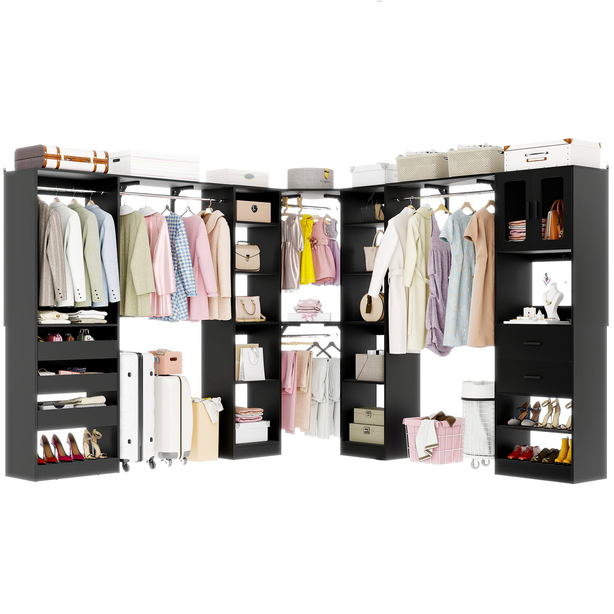 Angle. Aheaplus - 100'' Large Walk-in Closet Organizer System with Drawers, Hanging Rods and 20 Shelves for Storage, 3 Sets - Black.