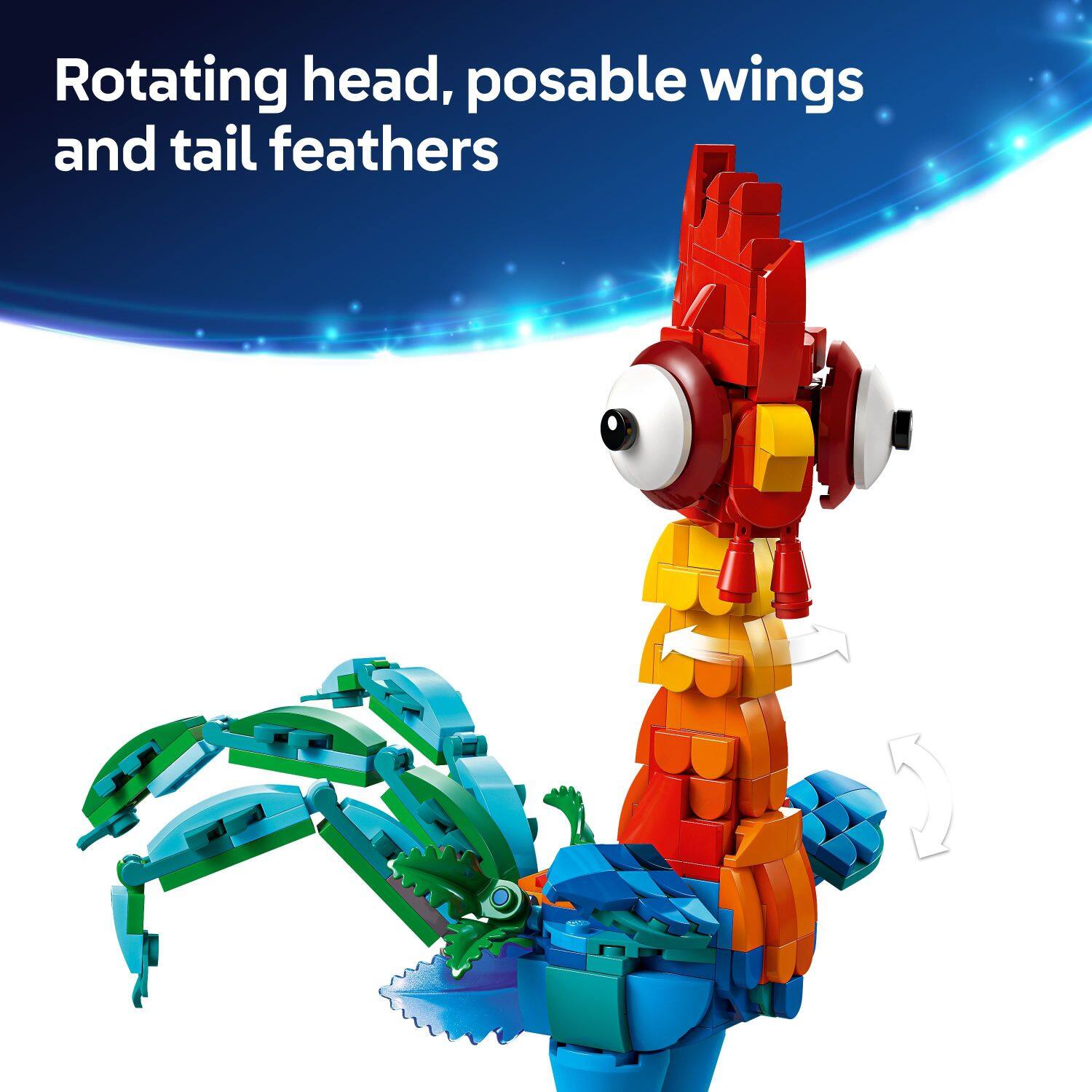 Rotating head, posable wings and tail feathers.