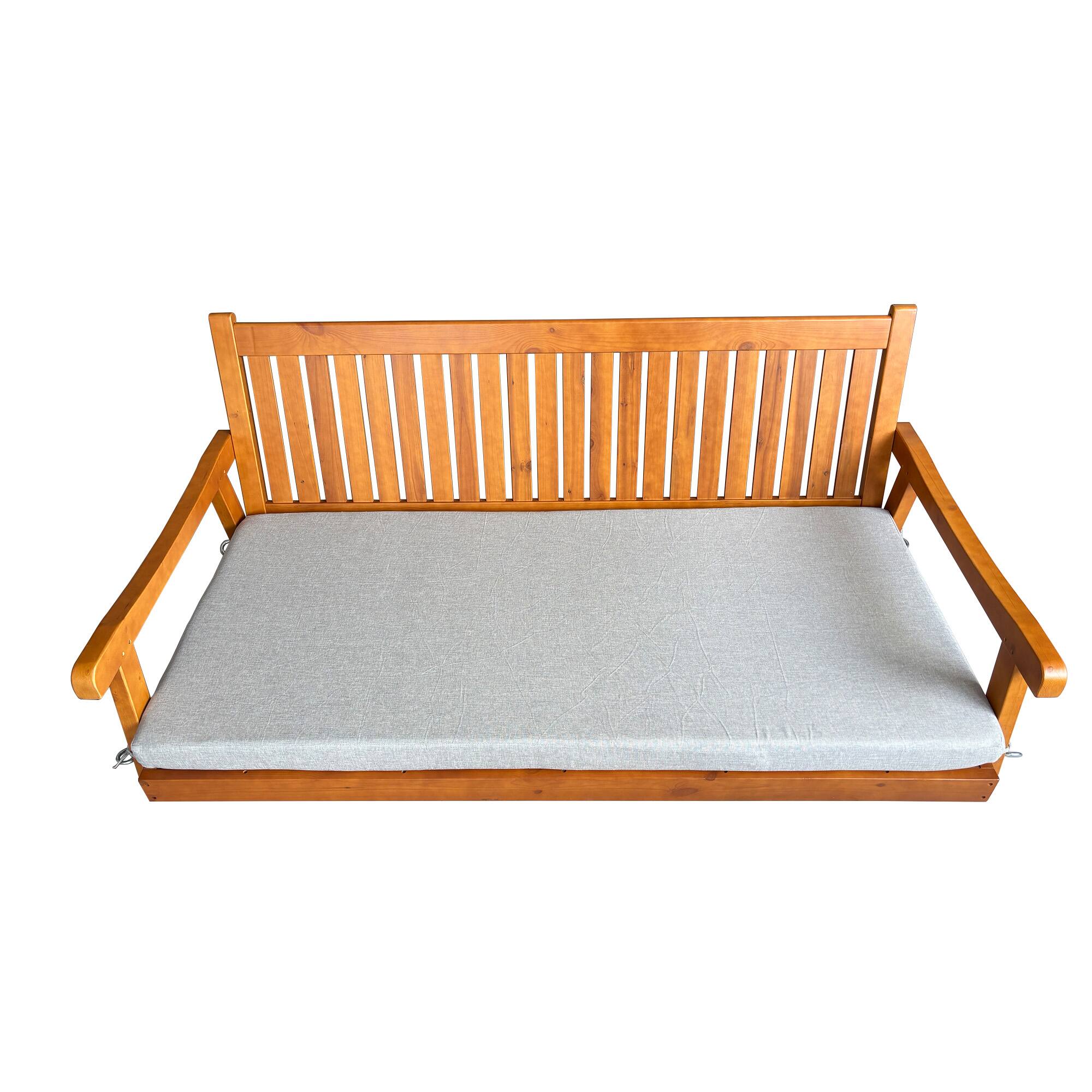 Angle. Fortune Candy - 6FT Wooden Porch Swing Bed with Cushion, Solid Fir Frame, Weather-Resistant Outdoor Hanging Daybed, Heavy-Duty 1000LBS - Teak Tone.