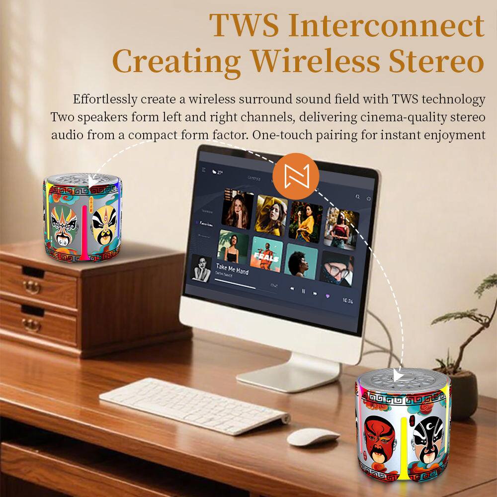 TWS Interconnect  
Creating Wireless Stereo  

Effortlessly create a wireless surround sound field with TWS technology. Two speakers form left and right channels, delivering cinema-quality stereo audio from a compact form factor. One-touch pairing for instant enjoyment.  

Take Me Hand