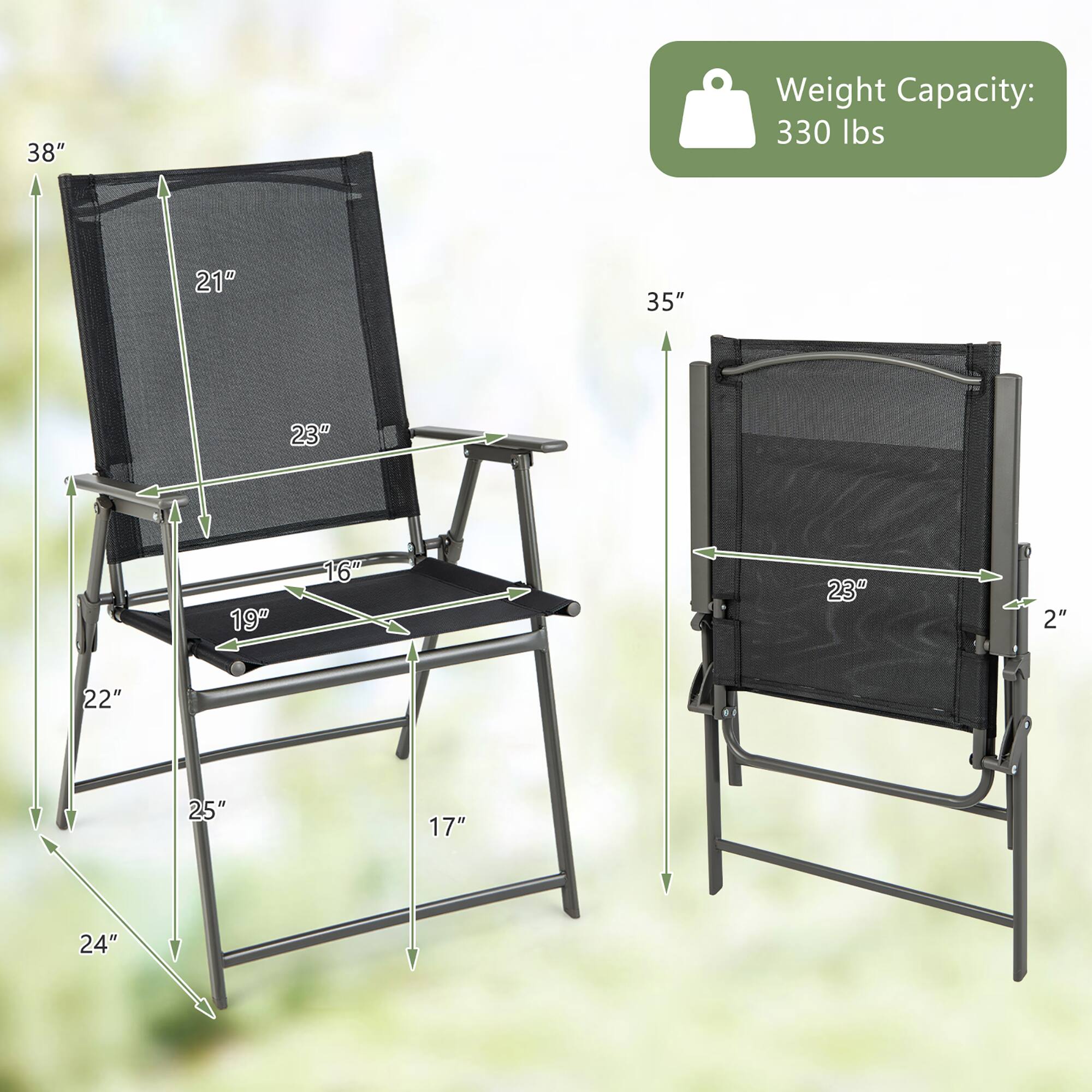 38"  
21"  
23"  
19"  
16"  
22"  
25"  
17"  
24"  

Weight Capacity: 330 lbs  

35"  
23"  
2"