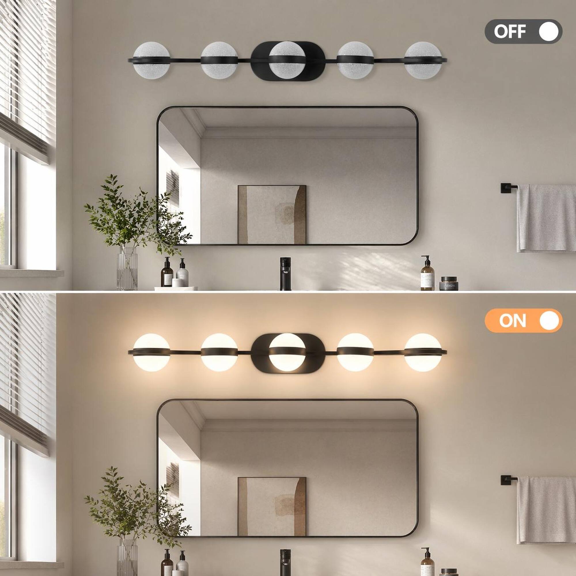 Alt View 1. RYHNUYNE - Modern Black 5-Light LED Bathroom Vanity Light with Frosted Glass Shades, Wall-Mounted Fixture for Mirror, Powder Room.