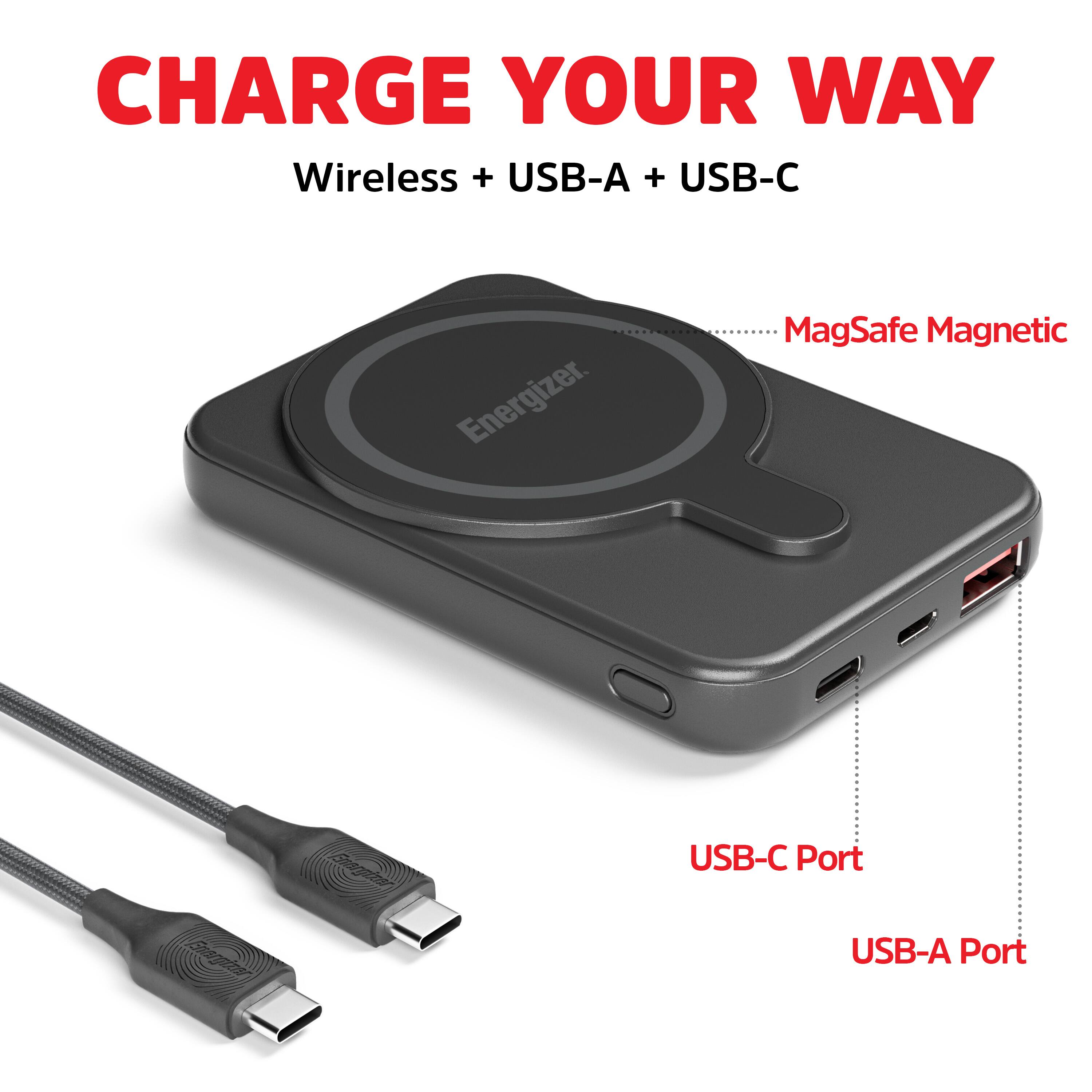 CHARGE YOUR WAY  
Wireless + USB-A + USB-C  

MagSafe Magnetic  

USB-C Port  
USB-A Port