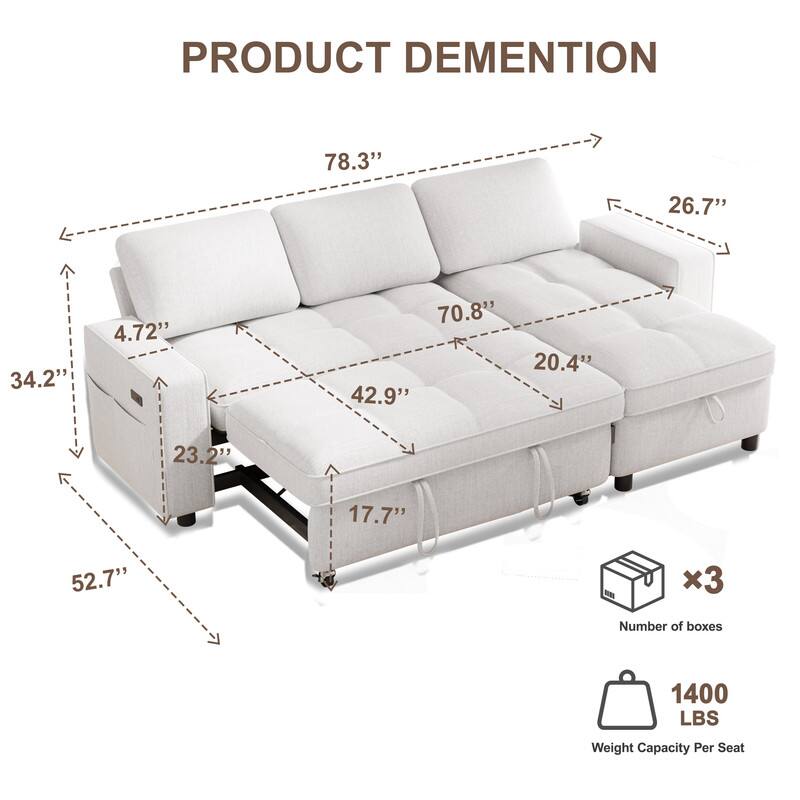 PRODUCT DIMENSION

- Length: 78.3"
- Width: 34.2"
- Height: 4.72"
- Seat Depth: 70.8"
- Armrest Height: 26.7"
- Seat Width: 42.9"
- Seat Height: 20.4"
- Armrest Width: 23.2"
- Leg Height: 17.7"
- Overall Height: 52.7"

Number of boxes: 3

Weight Capacity Per Seat: 1400 LBS