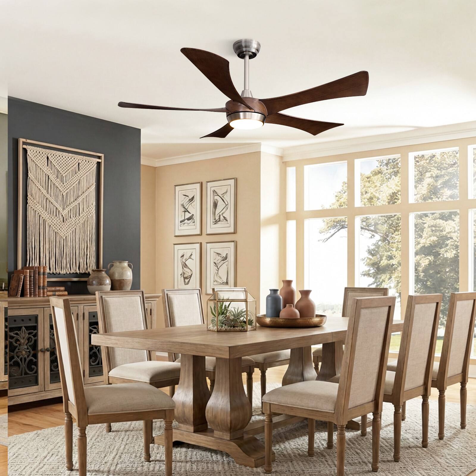 Angle. Siljoy - 52 Inch Retro Wood Grain 5 Blade Ceiling Fan with Light Brushed Nickel Canopy LED Ceiling Fan for Bedroom Living Room - Brown.