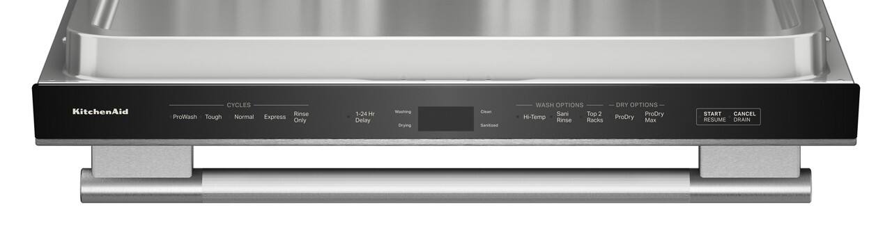 KitchenAid CYCLES Rinse ProWash Tough Normal Express Only 1-24 Hr Delay Washing Drying Clean Sanitized WASH OPTIONS Sani Top 2 Hi-Temp Rinse Racks DRY OPTIONS ProDry ProDry x START CANCEL RESUME DRAIN