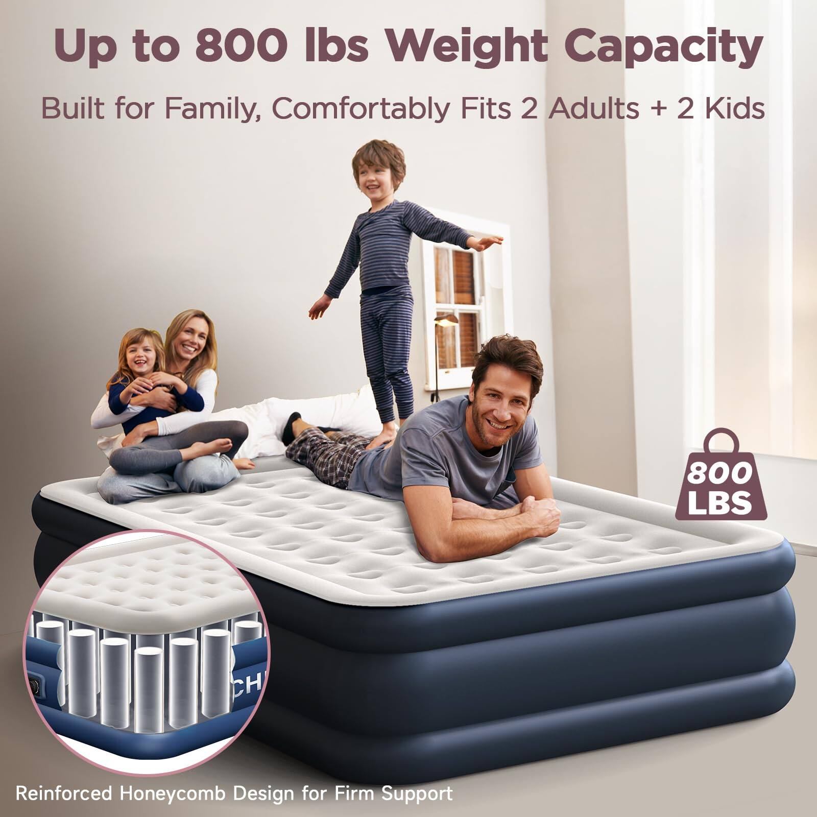 Up to 800 lbs Weight Capacity  
Built for Family, Comfortably Fits 2 Adults + 2 Kids  

800 LBS  

Reinforced Honeycomb Design for Firm Support
